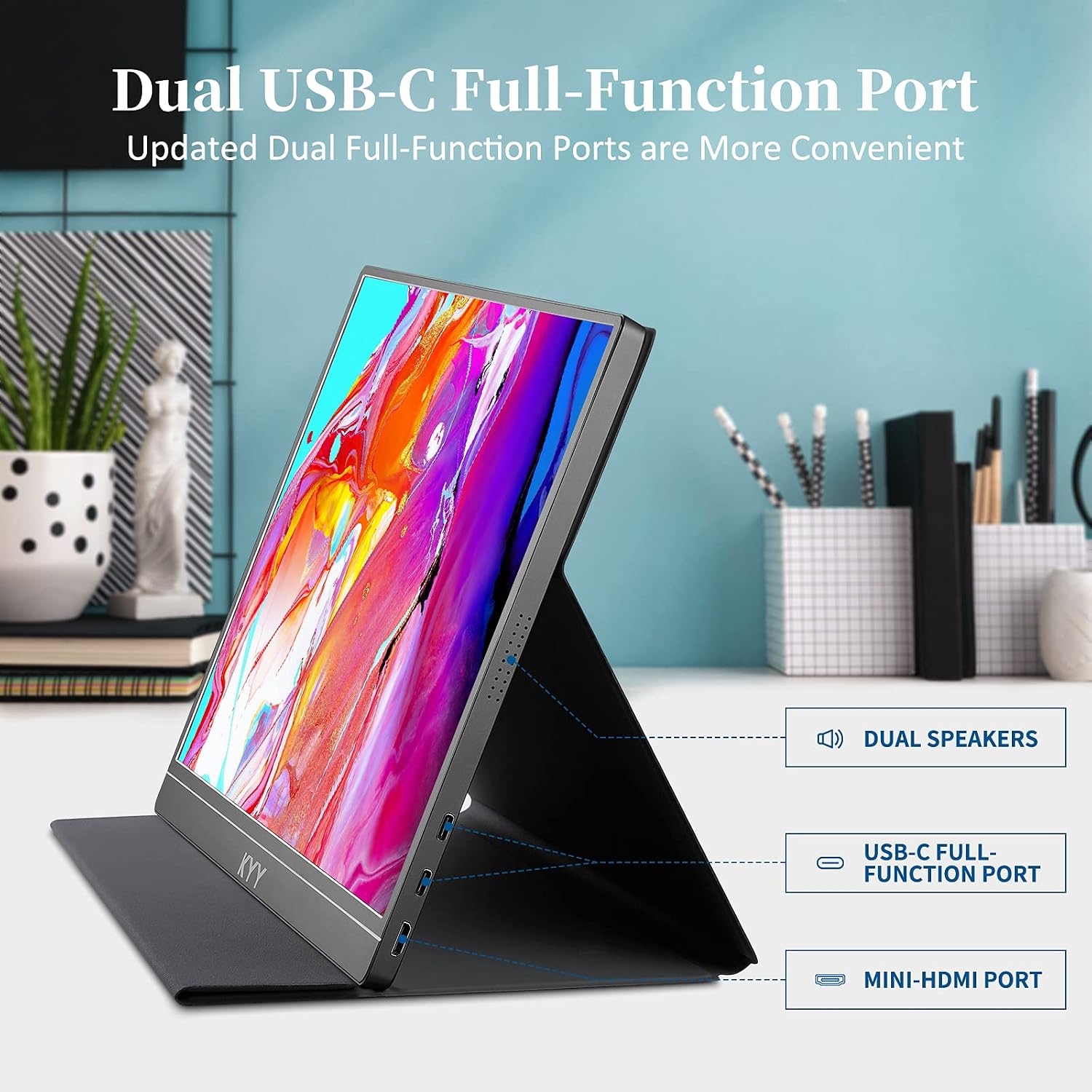 KYY Portable Monitor 15.6inch FHD 1080P USB-C Laptop HDMI Gaming Monitor w/Premium Smart Cover & Dual Speakers, External HDR Computer Display for PC MAC Phone Xbox PS4 Switch