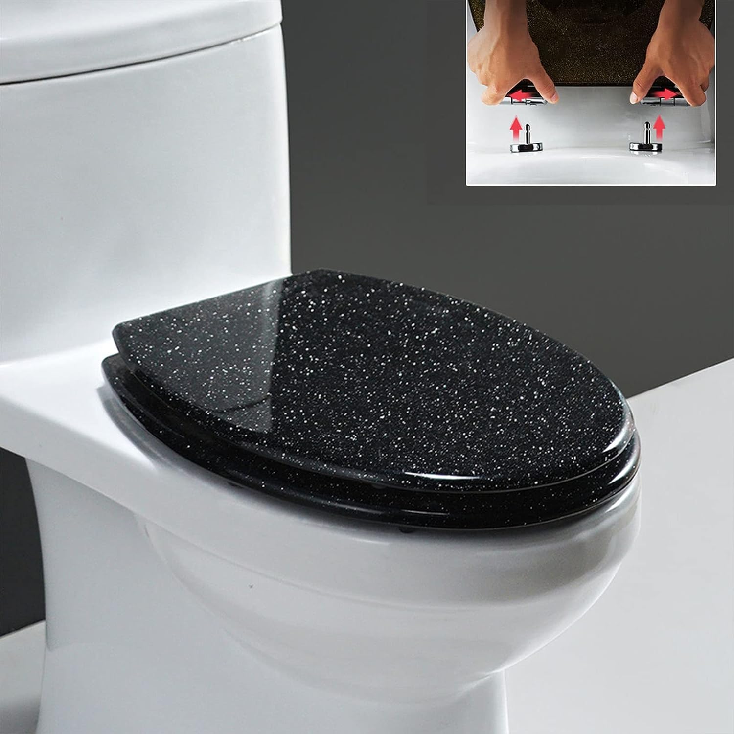 Glitter Toilet Seat, Round, Resin Toilet Seat Cover, Easy Installation and Cleaning, Soft Close Toilet Seats (Gold, Silver, Black, Pink) 36 * 42Cm,Black