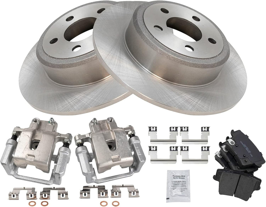 TRQ Rear Brake Pad and Rotor Set Ceramic Solid Rotors Calipers Compatible with 2005-2018 Chrysler 300 2009-2016 Dodge Challenger 2006-2016 Charger 2005-2008 Magnum