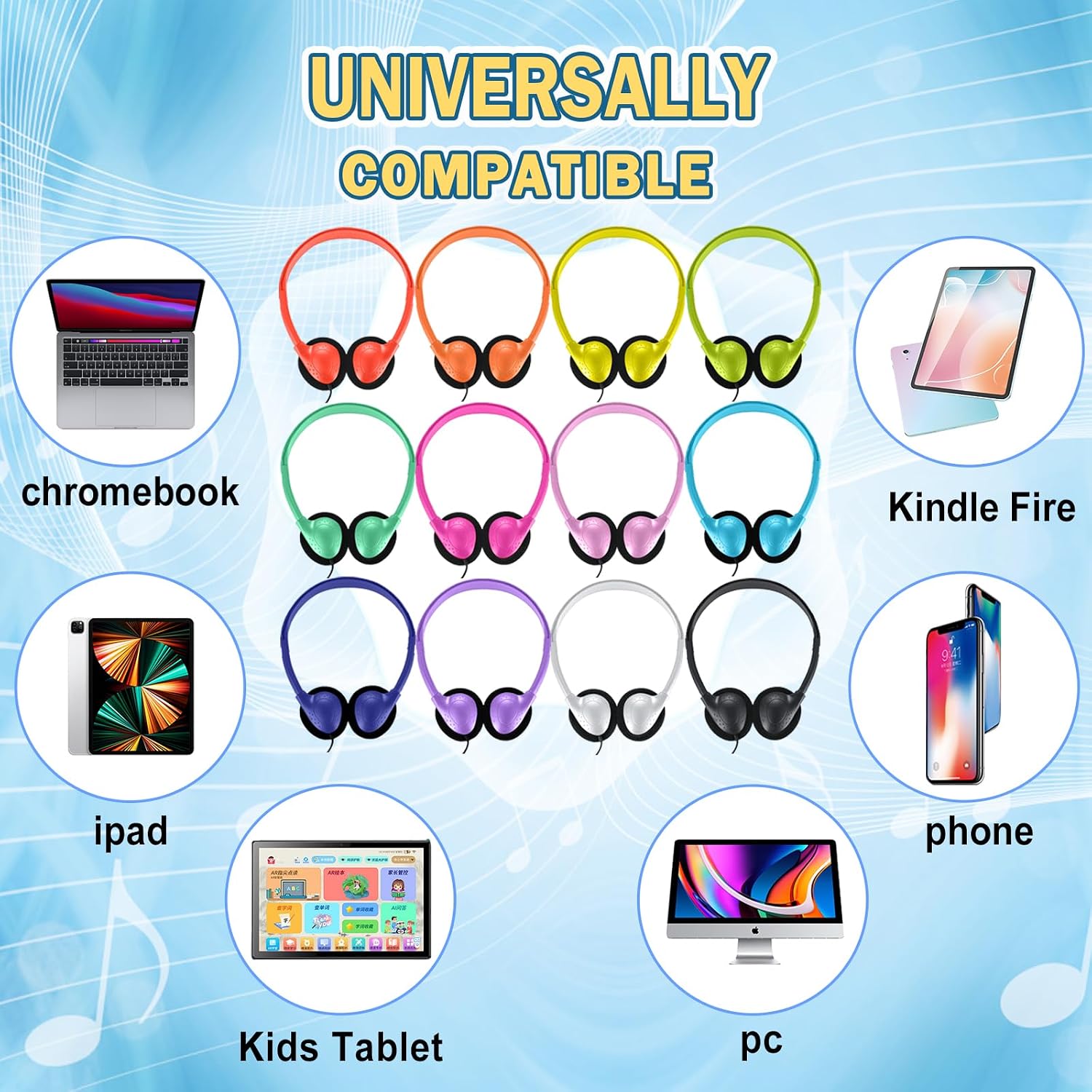 Bulk Headphones 100 Pack Multi Colored for Classroom, Wholesale Headphones Earphones for Kids,Students, Schools, Libraries, Museums, Testing Centers, Hotels (12 Mixed Color)