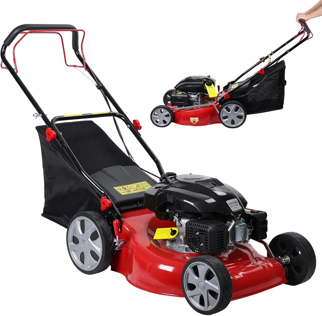 Lawn Mower Gas Powered, 141cc Engine Self Propelled Lawn Mower 20-Inch with 50L Grass Bag, 3-in-1 Mulching, Bagging & Side Discharge Self Propelled Walk-Behind Push Mower for Landscaping (Red2)