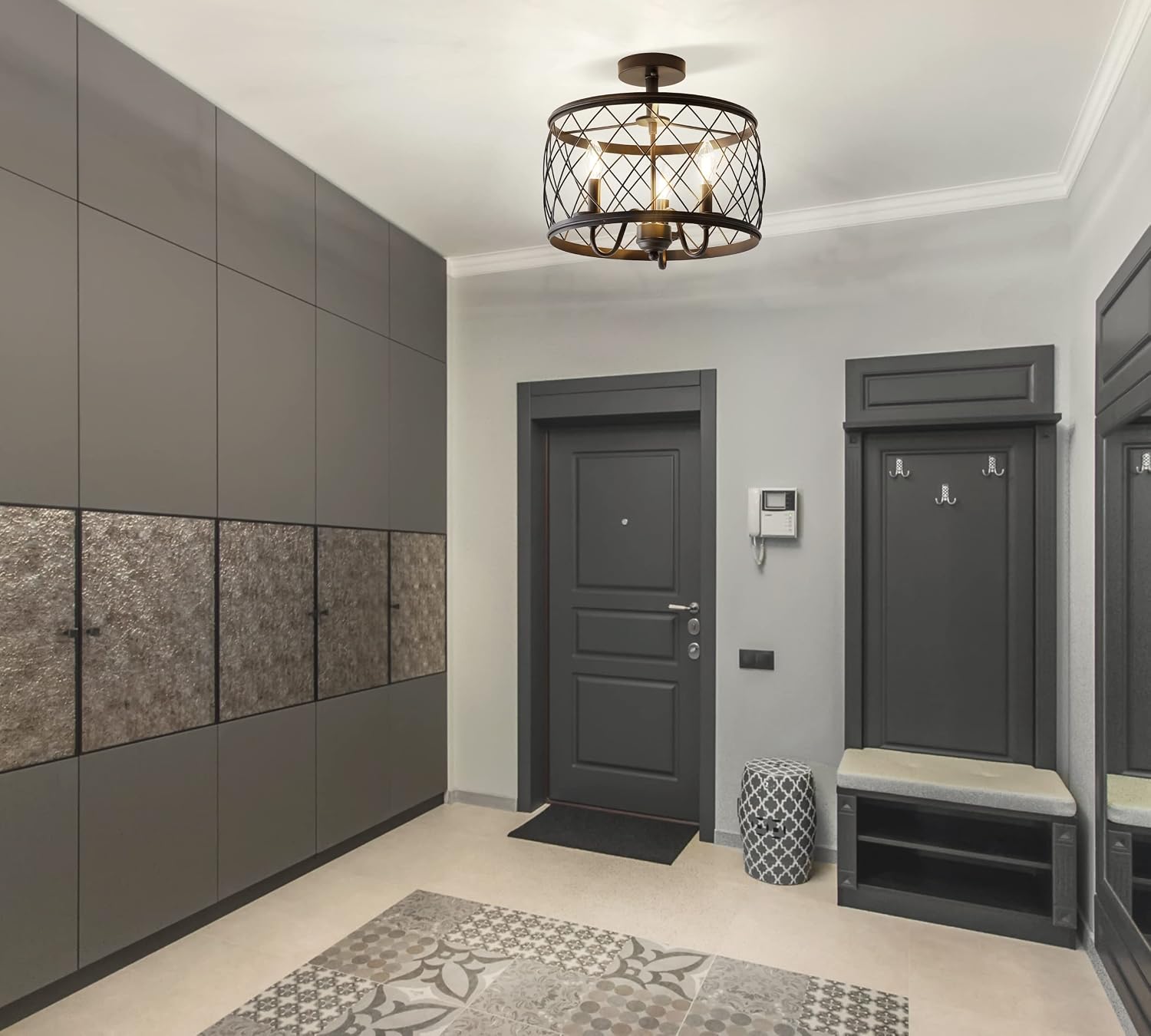 JONATHAN Y 15' Oil Rubbed Bronze LED Semi Flush Mount Ceiling Light, 3-Light Modern Industrial Drum Fixture for Bedroom Living Room Hallway, Gold Metal Cage Shade (JYL9037B)