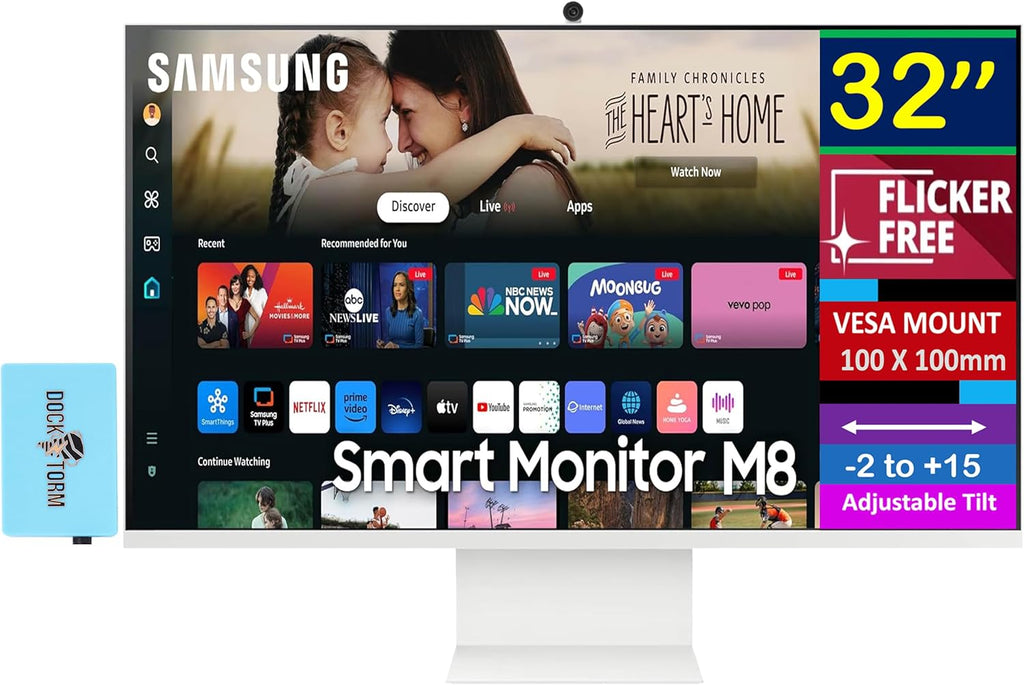 Samsung 32' 4K UHD VA Smart Monitor with HDR10, 4ms Response Time, Built-in Speakers, 400 nits Brightness, Flicker Free, VESA Mount (100mm), HDMI & Dockztorm USB Port Expander, White Color