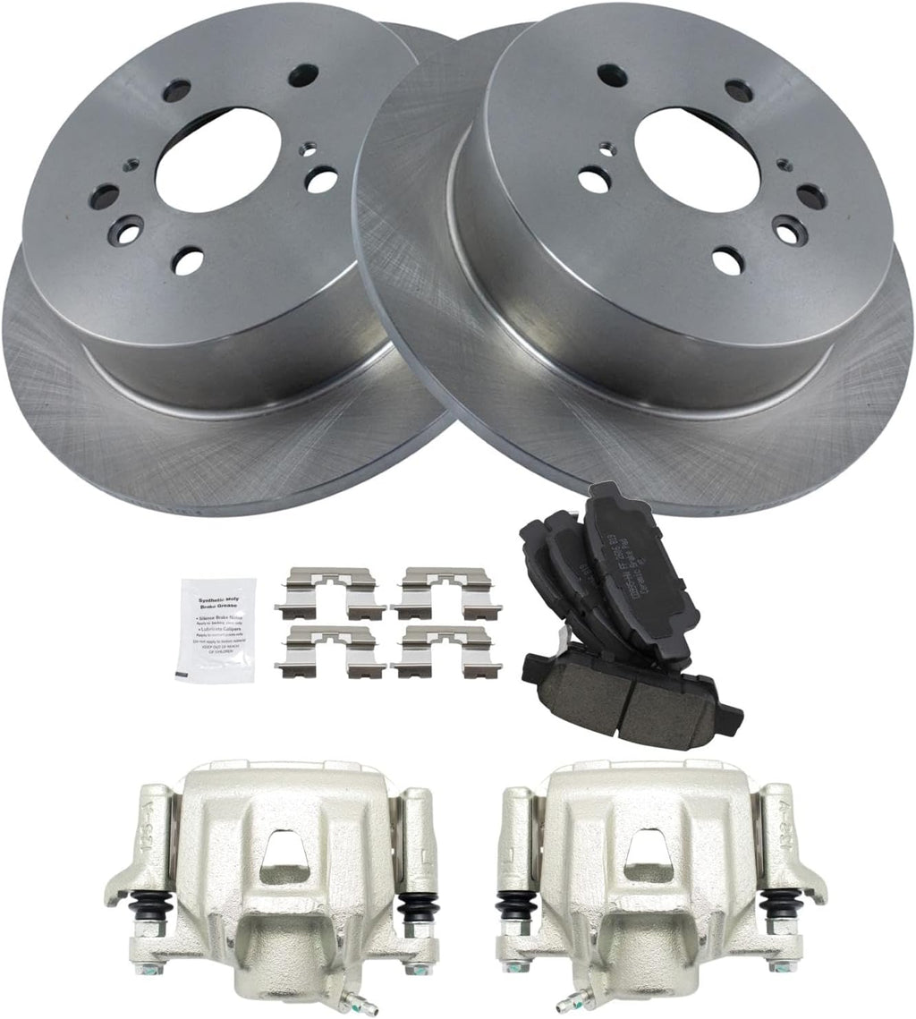 TRQ Rear Brake Pad and Rotor Set Ceramic Solid Rotors Calipers Compatible with 2004-2010 Toyota Sienna