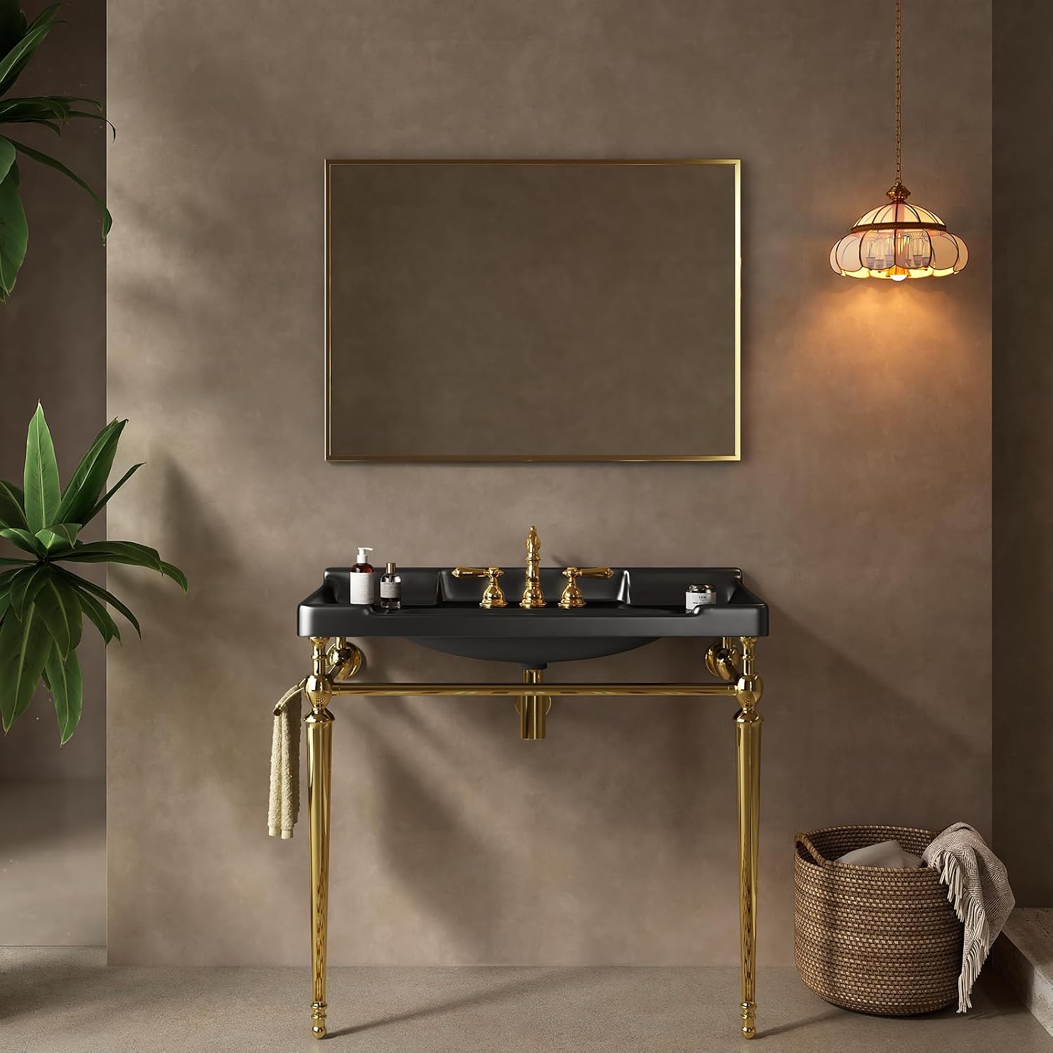 36'' Console Bathroom Sink, Freestanding Console Sink With Stainless Brushed Gold Legs, Modern Bathroom Vanity with 3 Tap Holes and Pop Up Drain, Black