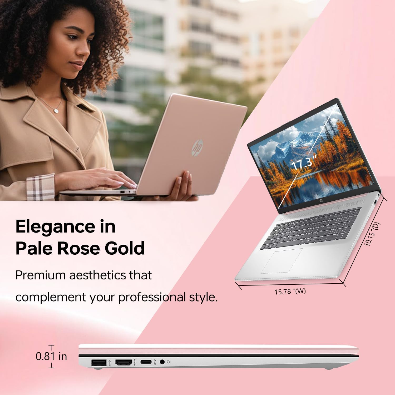 HP 17.3' Touchscreen Laptop, Intel Core i7-1355U, Pale Rose Gold, 32GB RAM, 2TB SSD, Webcam, Backlit Keyboard, Fingerprint Reader, Wi-Fi 6, Windows 11 Home, Bundle with PCO Laptop Cooler