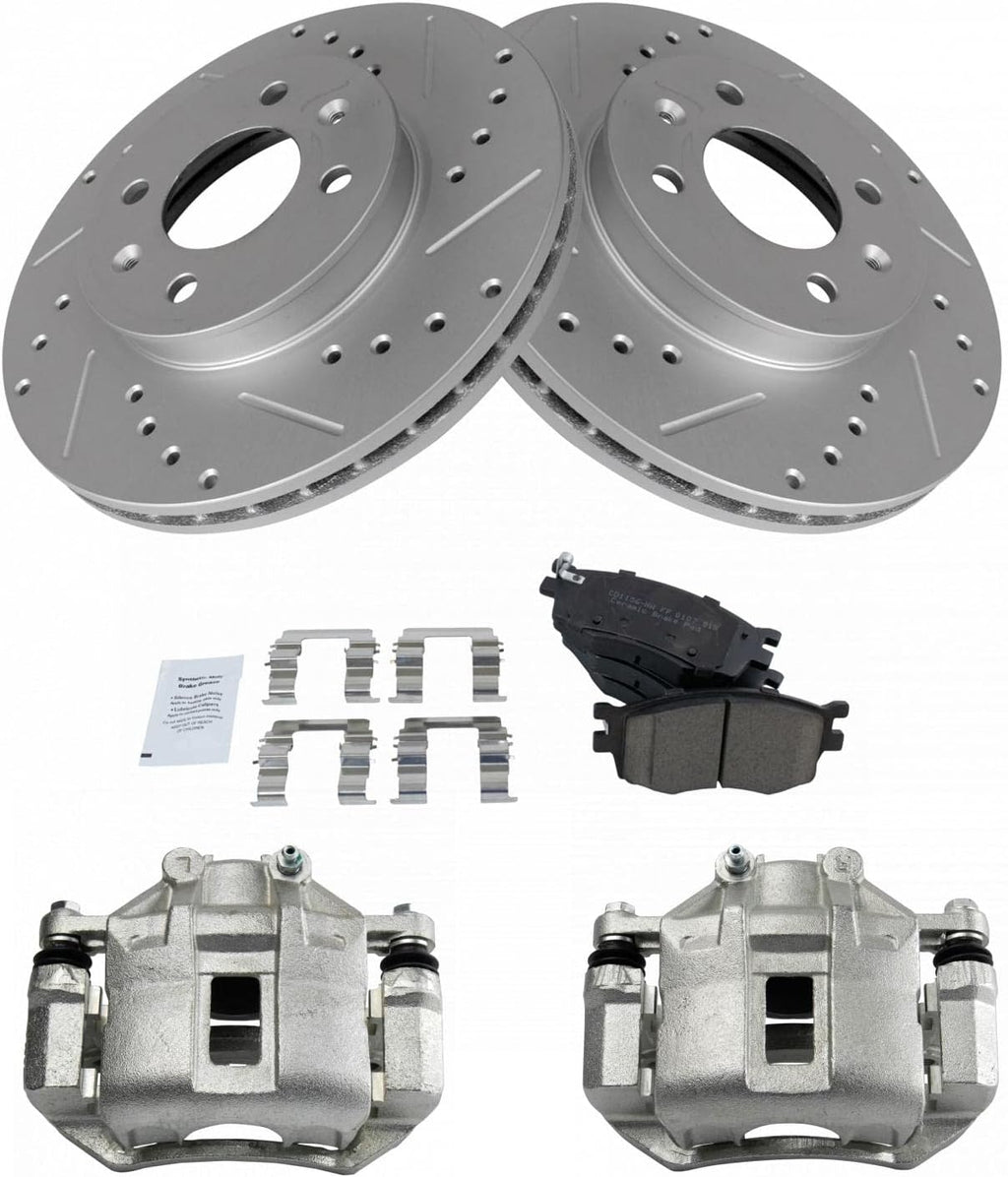 TRQ Performance Front Brake Pad and Rotor Set Ceramic Coated Drilled Slotted Rotors Calipers Compatible with 2006-2011 Hyundai Accent 2006-2011 Kia Rio