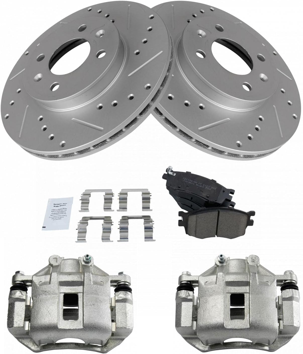 TRQ Performance Front Brake Pad and Rotor Set Ceramic Coated Drilled Slotted Rotors Calipers Compatible with 2006-2011 Hyundai Accent 2006-2011 Kia Rio