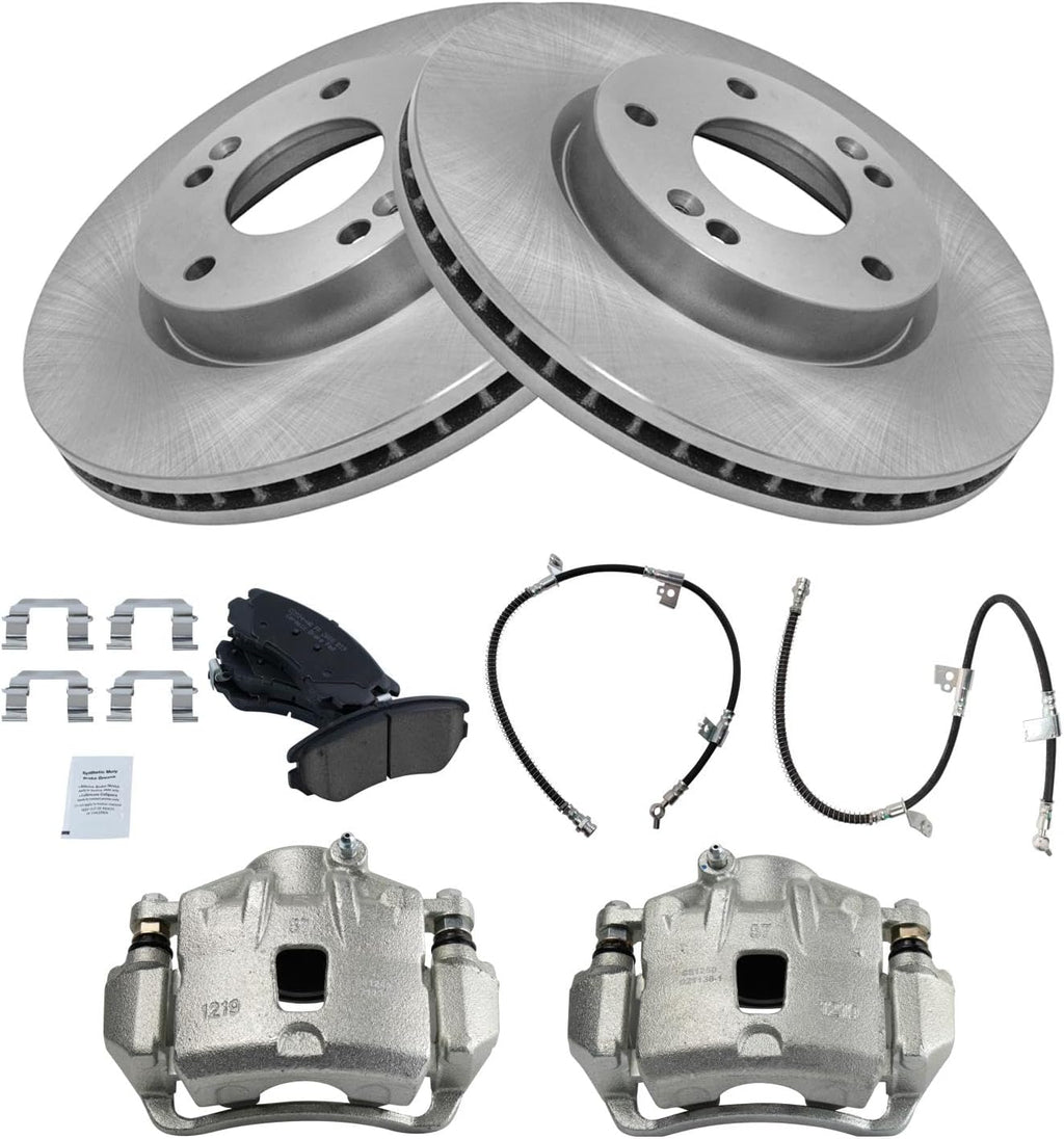 TRQ Front Brake Pad and Rotor Set Ceramic Vented Rotors Calipers Hardware Hoses Compatible with 2006-2010 Hyundai Sonata