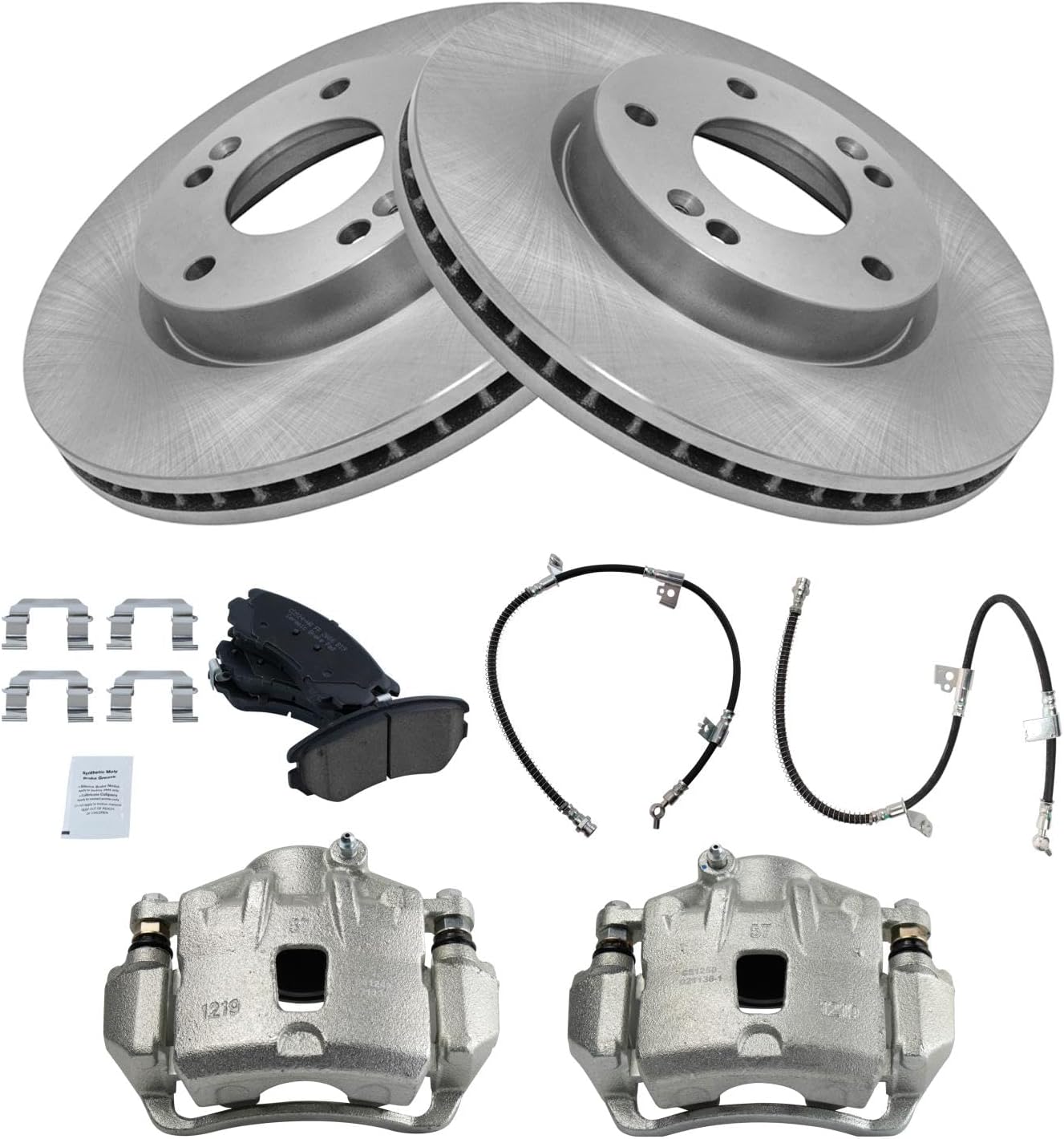 TRQ Front Brake Pad and Rotor Set Ceramic Vented Rotors Calipers Hardware Hoses Compatible with 2006-2010 Hyundai Sonata
