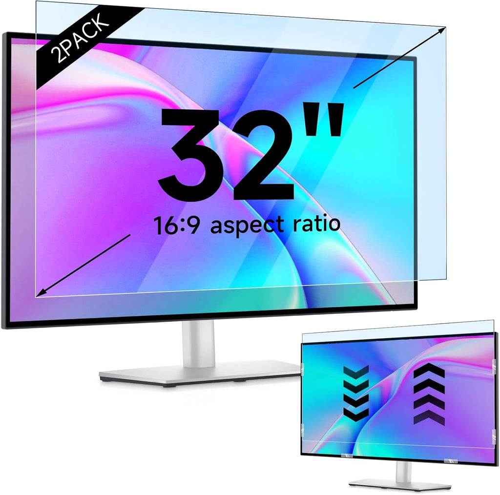 IPROKKO 2 Pack 32 inch Anti-Blue Light Monitor Screen Protector for 16:9 Widescreen, Removable Anti Glare Blue Light Blocking Screen Filter, Anti-UV Eye Protection PC Computer Film [Washable Wipes Clean]