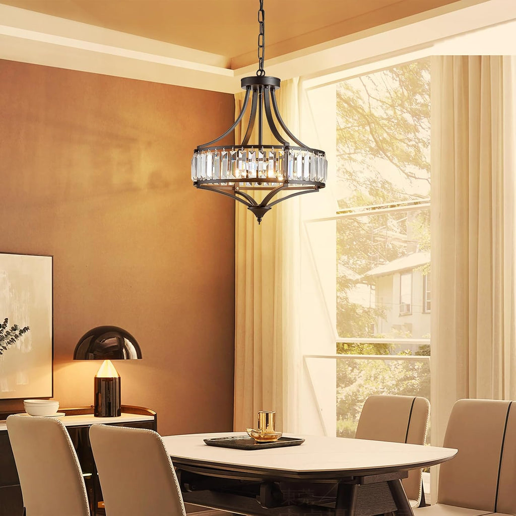 Black Crystal Chandeliers for Dining Room, Round Rustic Farmhouse Chandelier with Metal Shade 4-Light Modern Pendant Lighting for Hallway, Bedroom, Foyer
