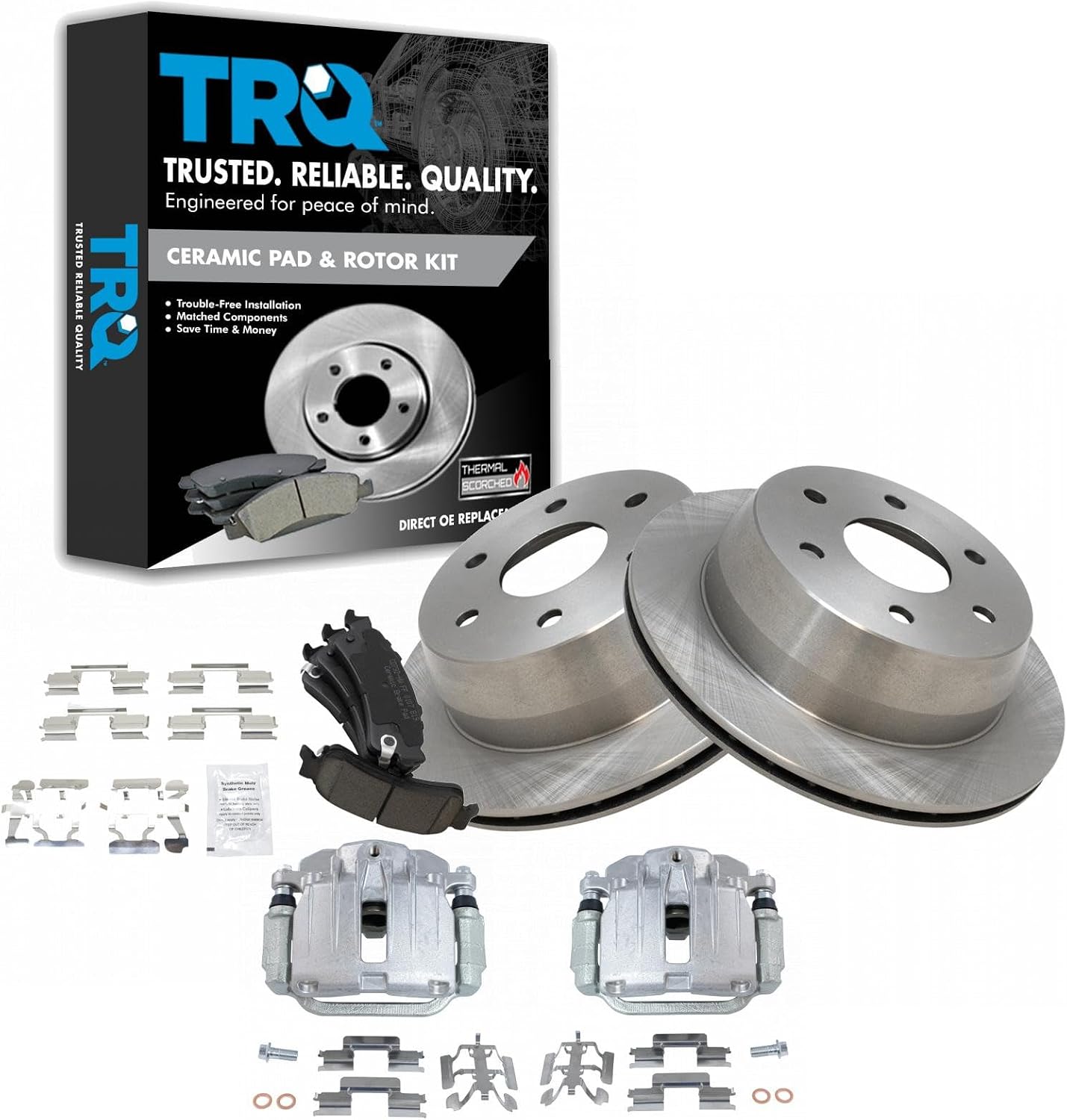TRQ Rear Brake Pad and Rotor Set Ceramic Vented Rotors Calipers Compatible with 2003-2005 Chevrolet Astro GMC Safari 1999-2002 Silverado 1500 2000-2001 Tahoe 1999-2002 Sierra 1500 2000-2001 Yukon