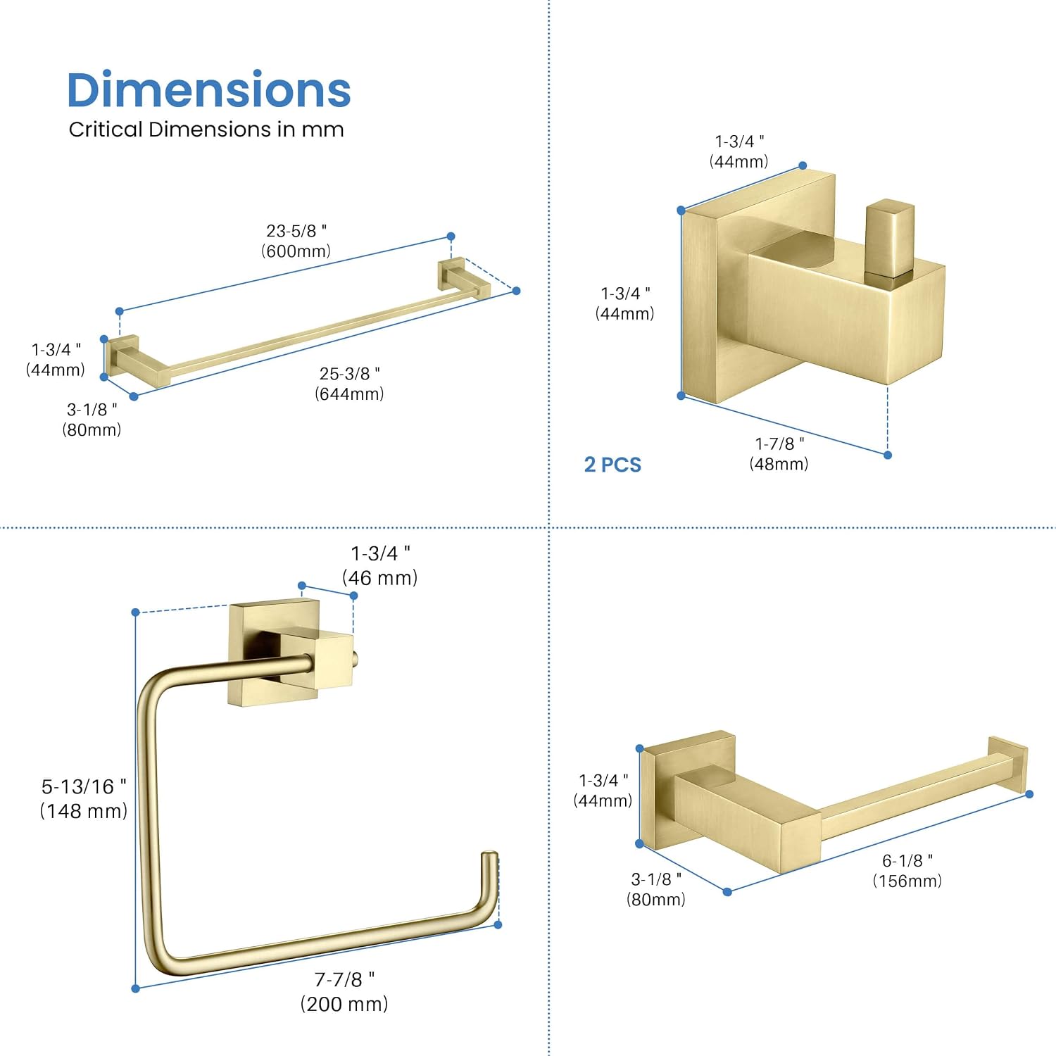 KIBI Cube 5-Piece Bathroom Hardware Set – Wall Mounted Bath Accessories Kit, Premium Brass, Includes Towel Bar, Towel Ring, Toilet Paper Holder, Robe Hook & Towel Hook (Brushed Gold, C-KBA15-5-1)