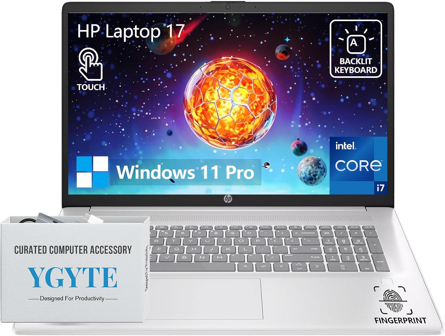 HP 17 Touchscreen Laptop Computer, 17.3' HD+ Touch Screen Laptop Notebook PC, Intel 10-Core i7, Windows 11 Pro | 10 Key Backlit | Fingerprint | Wi-Fi 6 | 64GB RAM 1TB SSD