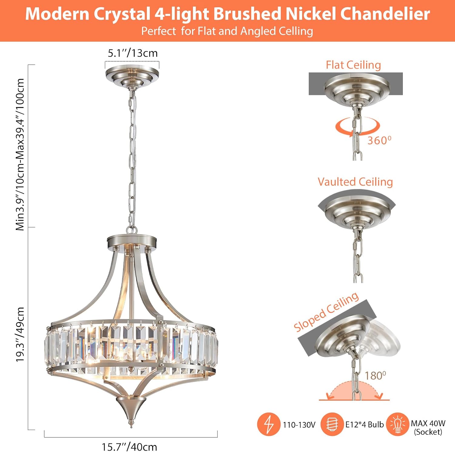 Crystal Chandeliers for Dining Room Rustic Farmhouse Pendant Round 4-Light Brushed Nickel Lighting Fixture for Dining Room Kitchen Island Hallway Bedroom Home Office