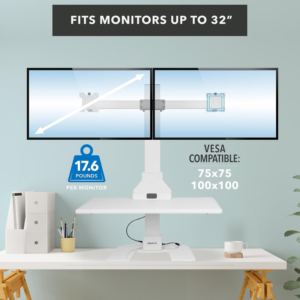 Mount-It! Electric Standing Desk Converter, Motorized Sit Stand Desk Riser with Dual Monitor Mounts, Adjustable Height Ergonomic Workstation with 28' Wide Platform and Tablet/Phone Slot, White