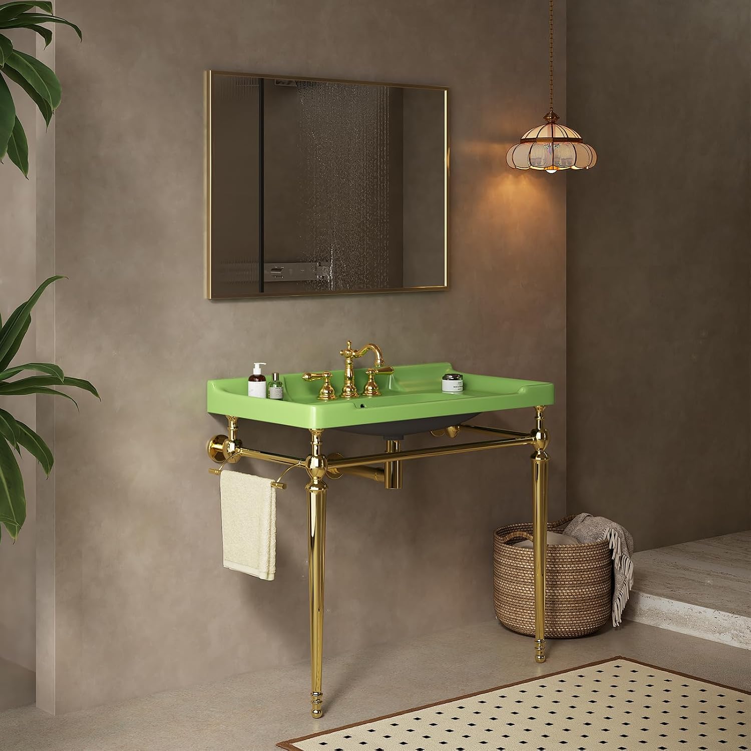 36'' Console Bathroom Sink, Freestanding Console Sink With Stainless Brushed Gold Legs, Modern Bathroom Sink Vanity with 3 Tap Holes and Pop Up Drain, Green