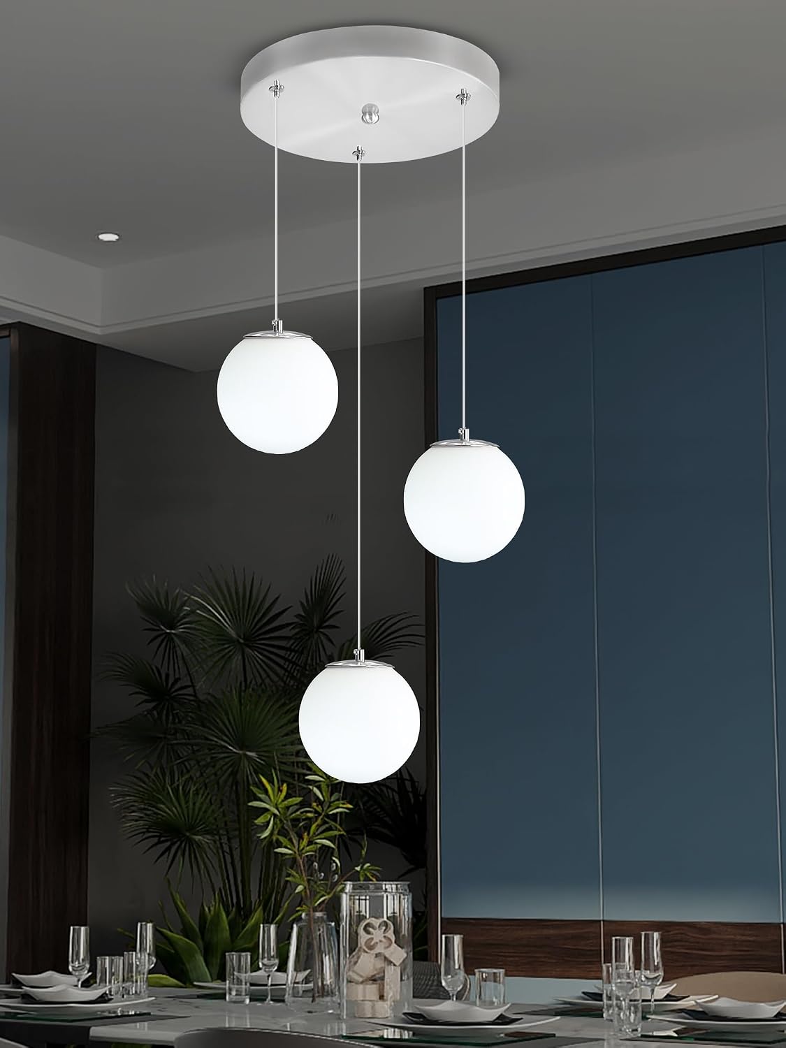 ykolupty 3-Light Globe Pendant Light for Kitchen Island Silver Pendant Light Fixtures with White Glass Globe Hanging Lights for Bedroom,Hallway,Bar