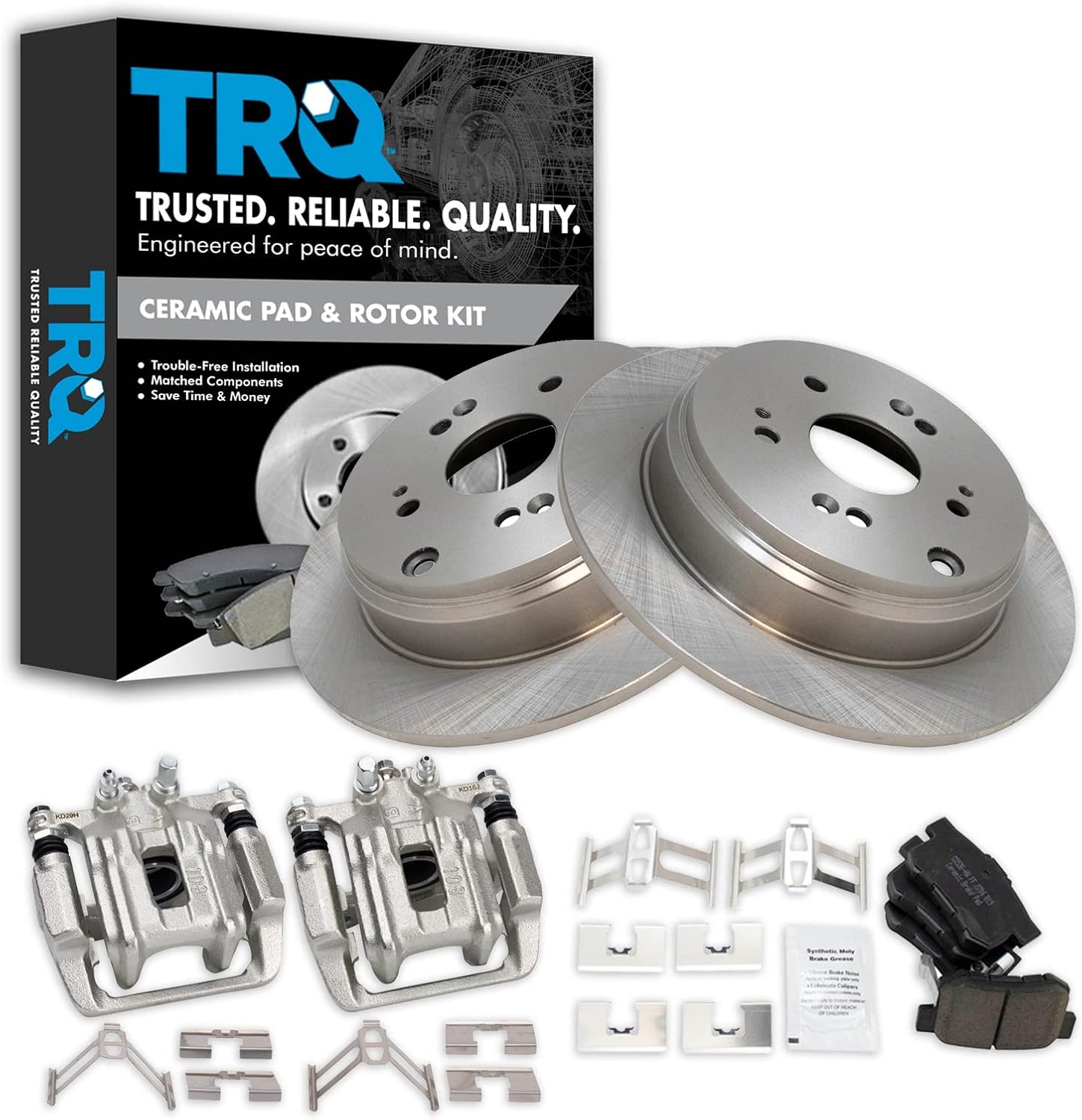TRQ Rear Brake Pad and Rotor Set Ceramic Solid Rotors Calipers Compatible with 2007-2012 Acura RDX