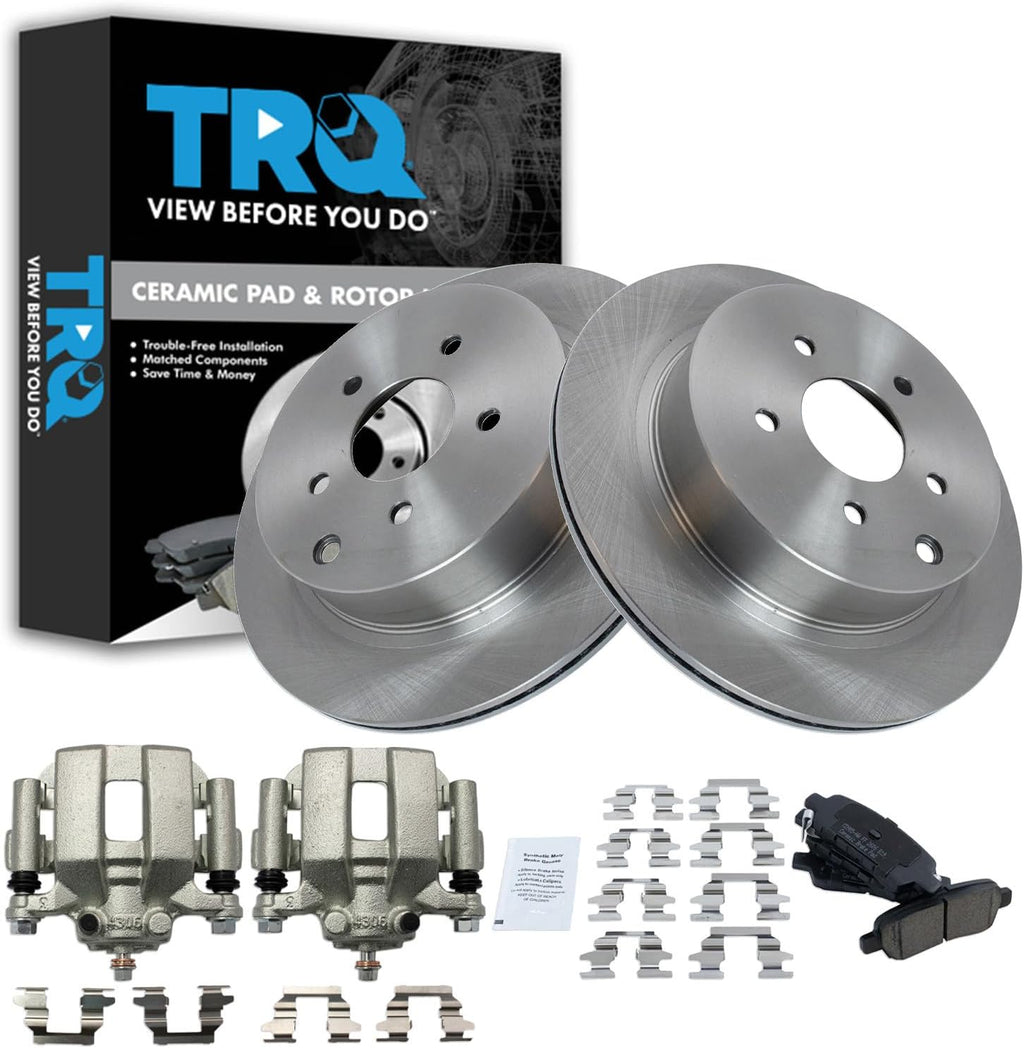 TRQ Rear Brake Pad and Rotor Set Ceramic Vented Rotors Calipers Compatible with 2003-2007 Nissan Murano 2004-2009 Quest