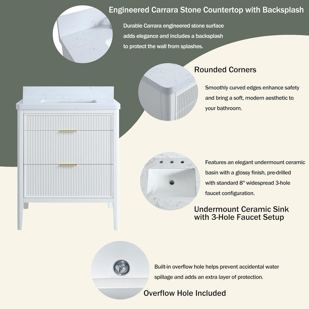 30-Inch Fully Assembled Freestanding Single Sink Bathroom Vanity, Solid Rubber Wood Cabinet with Engineered Carrara Marble Top & Backsplash, White