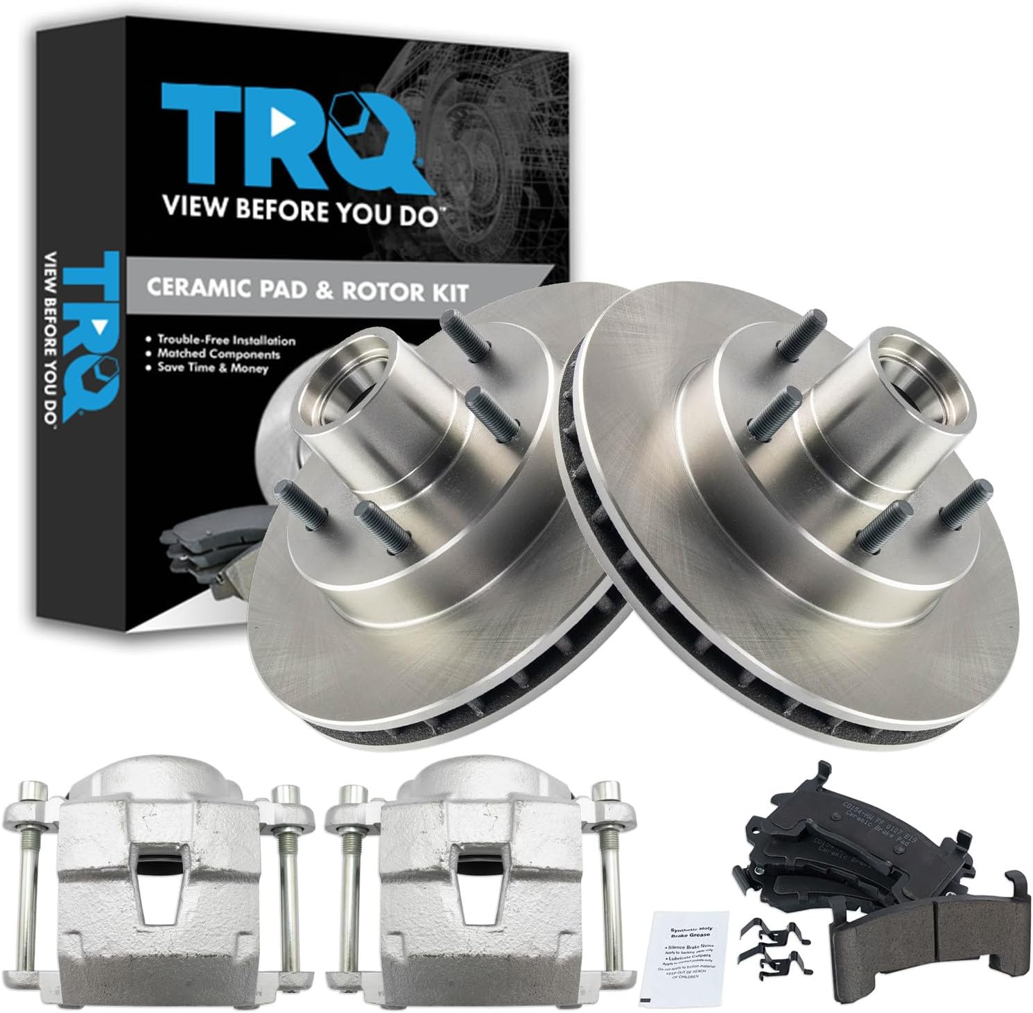 TRQ Front Brake Pad and Rotor Set Ceramic Calipers Compatible with 1982-1987 Buick Regal 1982-1995 Chevrolet S10 Camaro El Camino Malibu Monte Carlo LLV S10 Blazer GMC S15 Caballero Sonoma S15 Jimmy