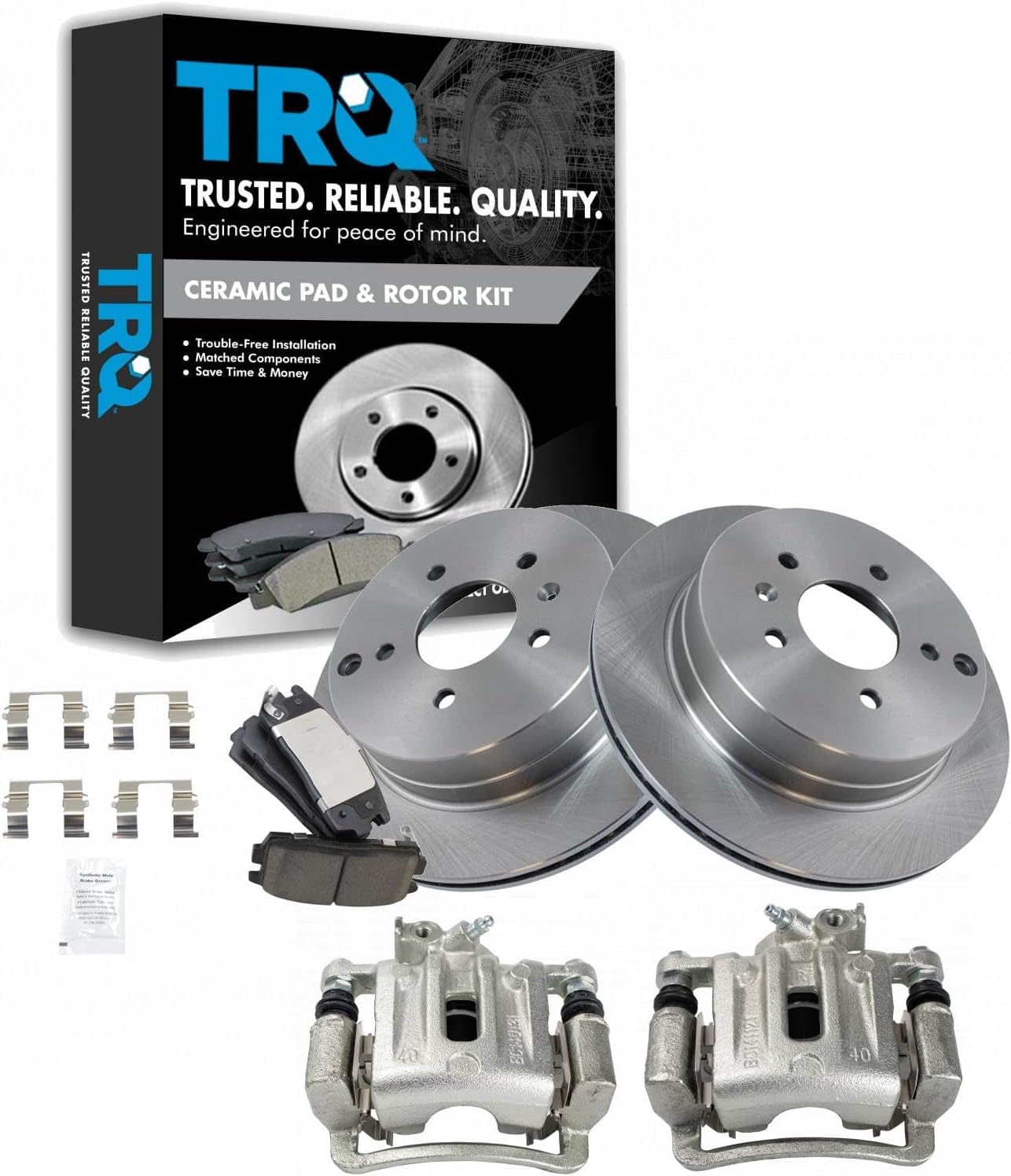 TRQ Rear Brake Pad and Rotor Set Ceramic Vented Rotors Calipers Compatible with 2007-2009 Chevrolet Equinox Pontiac Torrent 2008-2010 Saturn Vue