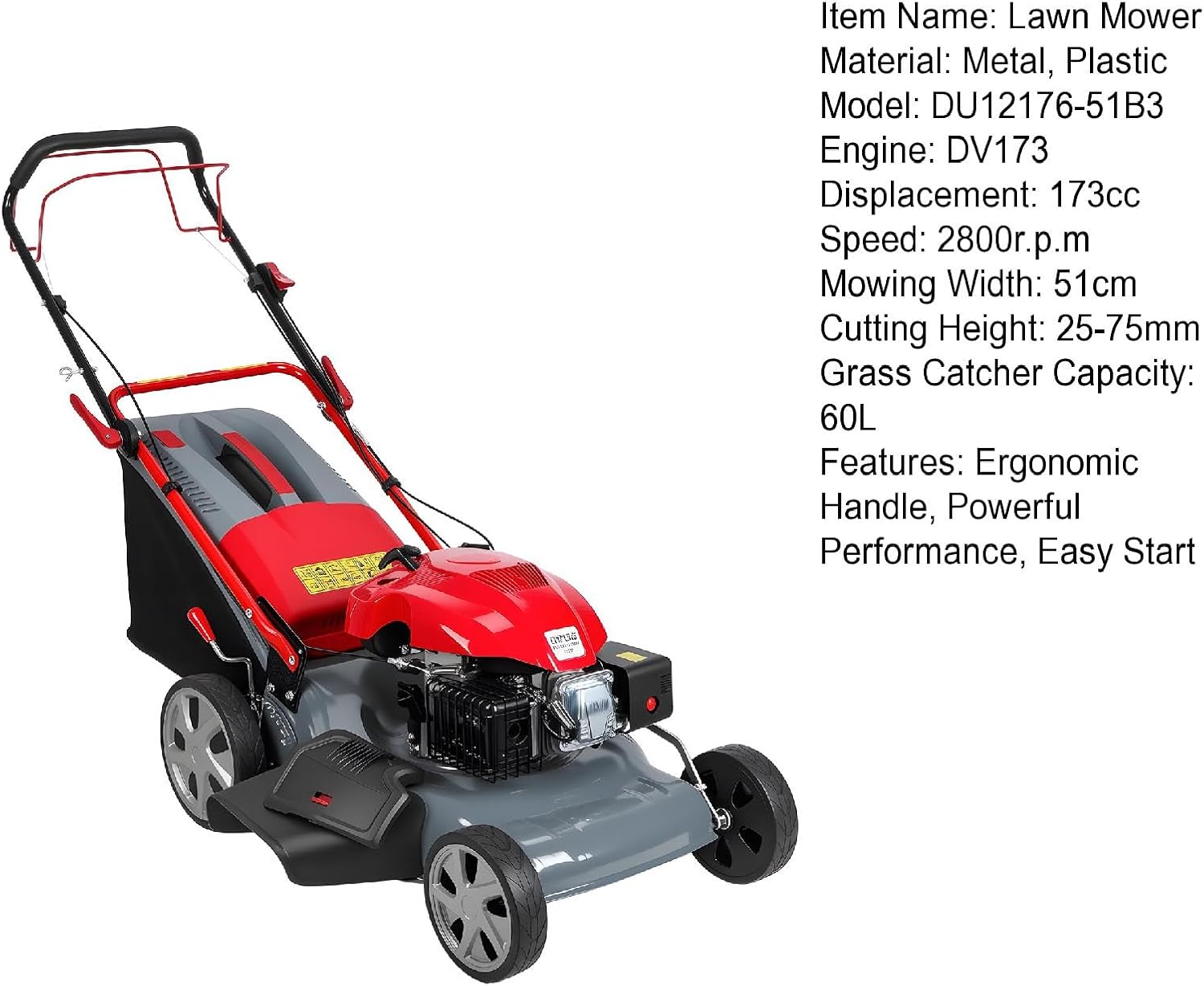 3-in-1 Gas Lawn Mower, 173CC Self Propelled Lawn Mower with 60L Grass Bag, 20' Cutting Deck, Adjustable Cutting Height Foldable Clearance Lawns Mowers Cordless for Yard & Garden Care 2800rpm Red