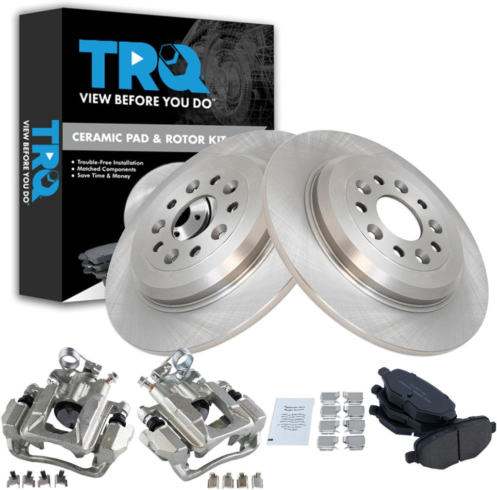 TRQ Rear Brake Pad and Rotor Set Ceramic Solid Rotors Calipers Compatible with 2011-2018 Ford Explorer 2010-2012 Flex 2013-2018 Taurus 2010-2013 Lincoln MKT