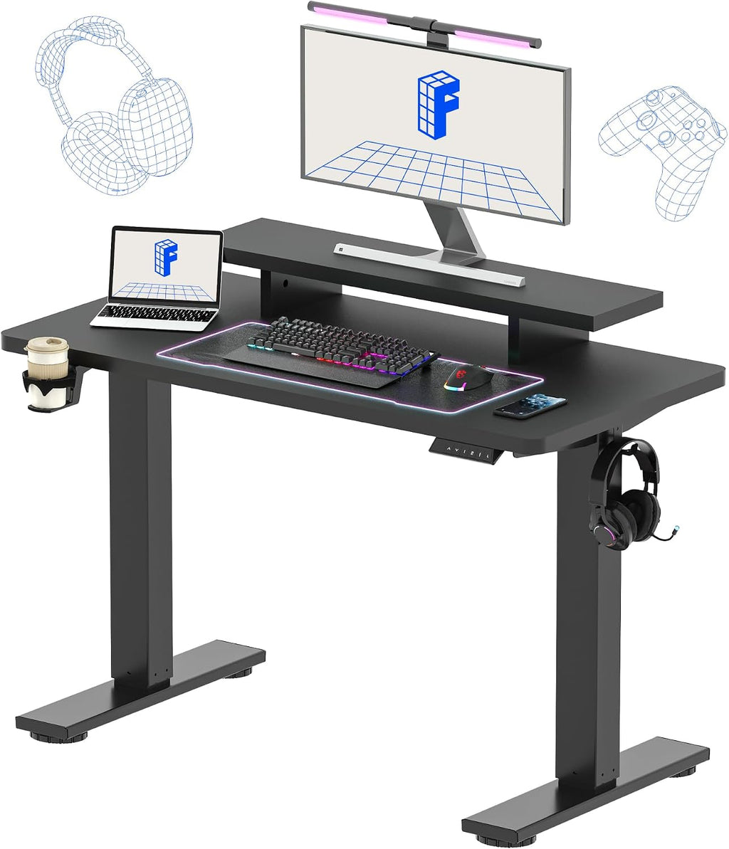 FLEXISPOT Standing Desk with Monitor Stand, 48 x 24 Inches One-Piece Electric Height Adjustable Computer Desk with Cup Holder for Home Office, Black