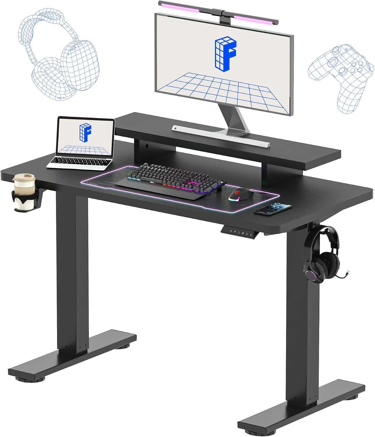 FLEXISPOT Standing Desk with Monitor Stand, 48 x 24 Inches One-Piece Electric Height Adjustable Computer Desk with Cup Holder for Home Office, Black