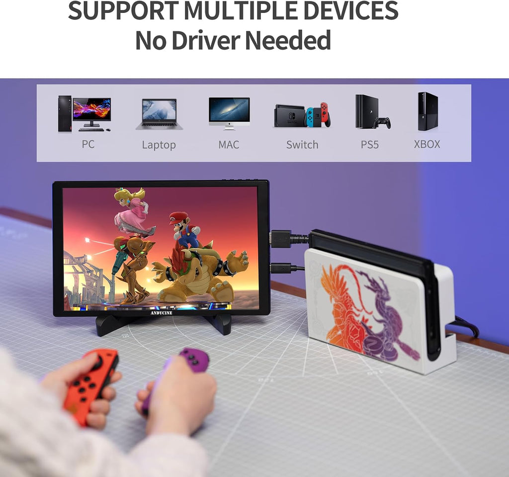 ANDYCINE N10 Portable Monitor, 10.1 Inch Mini Touch 1920x1200 IPS Screen, HDMI USB C in, 350nits 60Hz 1000:1 Contrast Display with Bracket & Speakers for Laptop,PC,PS4/5,Switch,Mac,Xbox