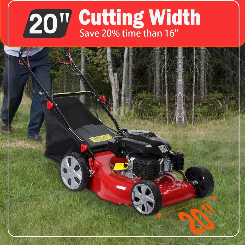Gas Lawn Mower Self Propelled, 141cc Gas Push Mowers Walk-Behind with 20-inch Steel Deck, 8-Level Height Adjustment, 3-in-1 Mulch, Bag, Discharge, 12-inch High Rear Wheels Red