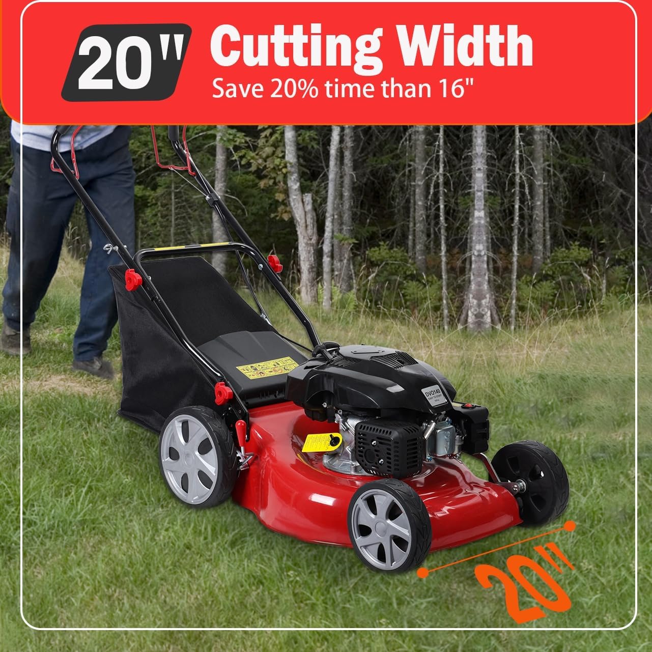Gas Lawn Mower Self Propelled, 141cc Gas Push Mowers Walk-Behind with 20-inch Steel Deck, 8-Level Height Adjustment, 3-in-1 Mulch, Bag, Discharge, 12-inch High Rear Wheels Red