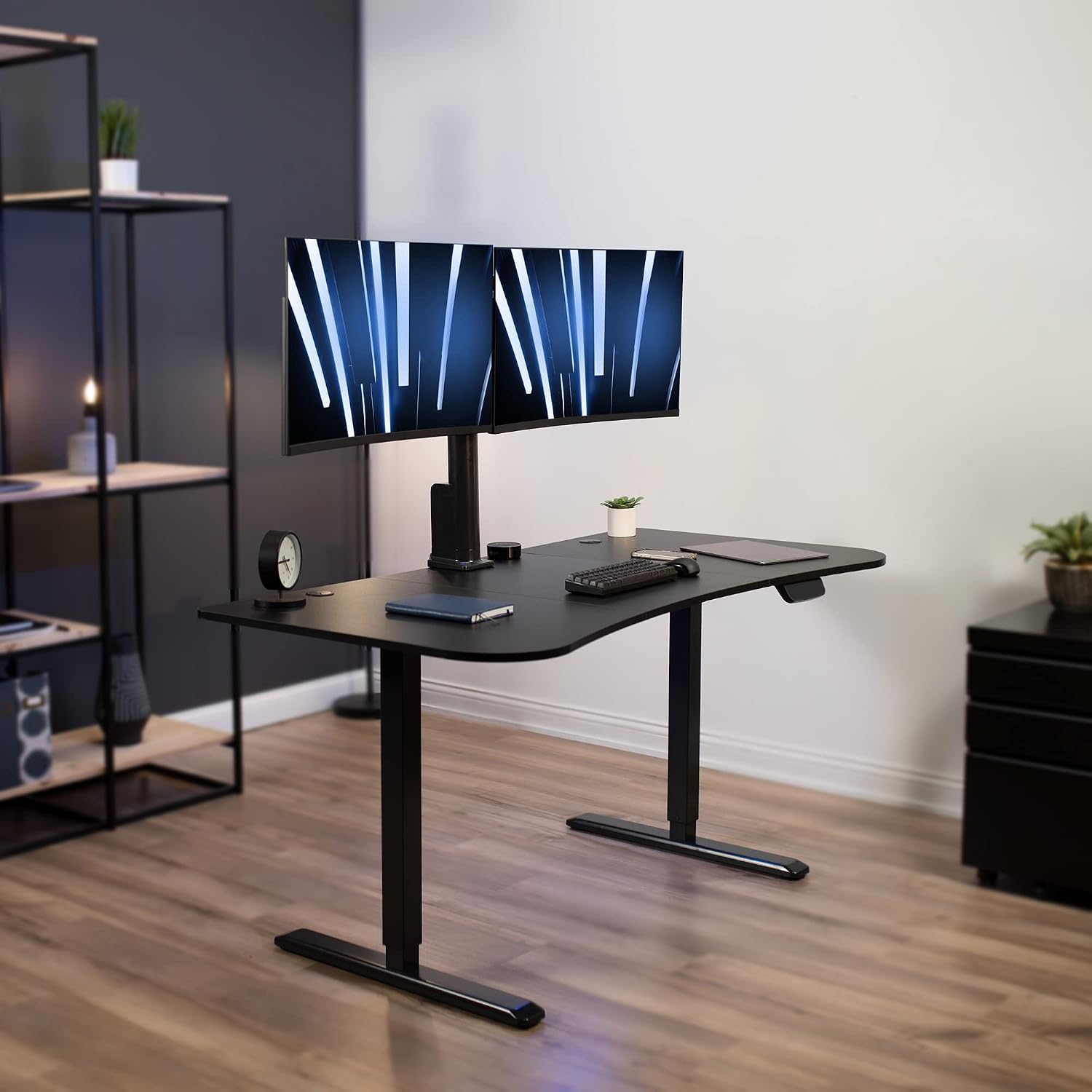 VIVO Integrated 63 x 32 Inch Electric Standing Desk and Motorized Dual Monitor Mount, 1 Touch Height Adjustment, Fits up to 32 inch Monitor Screens, Memory Control Pad, Black, DESK-KIT-SET1B