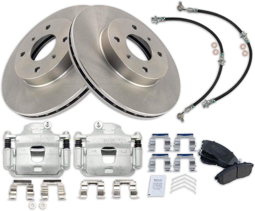 TRQ Front Brake Pad and Rotor Set Ceramic Vented Rotors Calipers Hoses Compatible with 2002 Nissan Sentra SE-R 2003-2006 Sentra SE-R