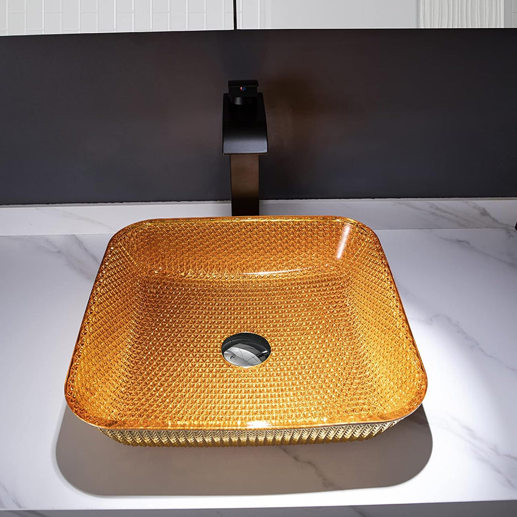 Bathroom Vessel Sink Crystal Glass Vessel Bowl Sink Square Vessel Sink Art Basin Counter Top Installation Bathroom Vanity Sinks with Brass Pop Up Drain-Gold (Gold)