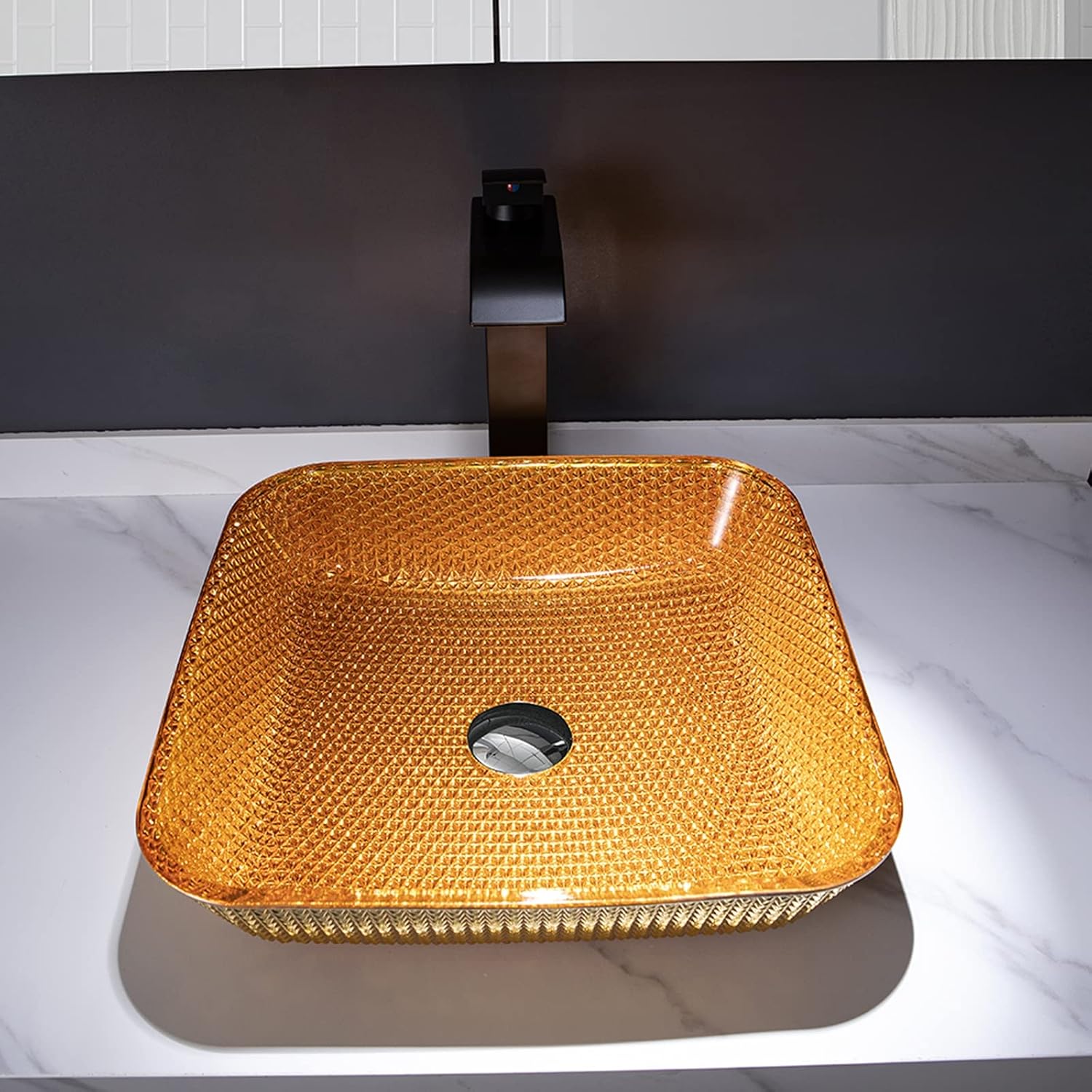 Bathroom Vessel Sink Crystal Glass Vessel Bowl Sink Square Vessel Sink Art Basin Counter Top Installation Bathroom Vanity Sinks with Brass Pop Up Drain-Gold (Gold)