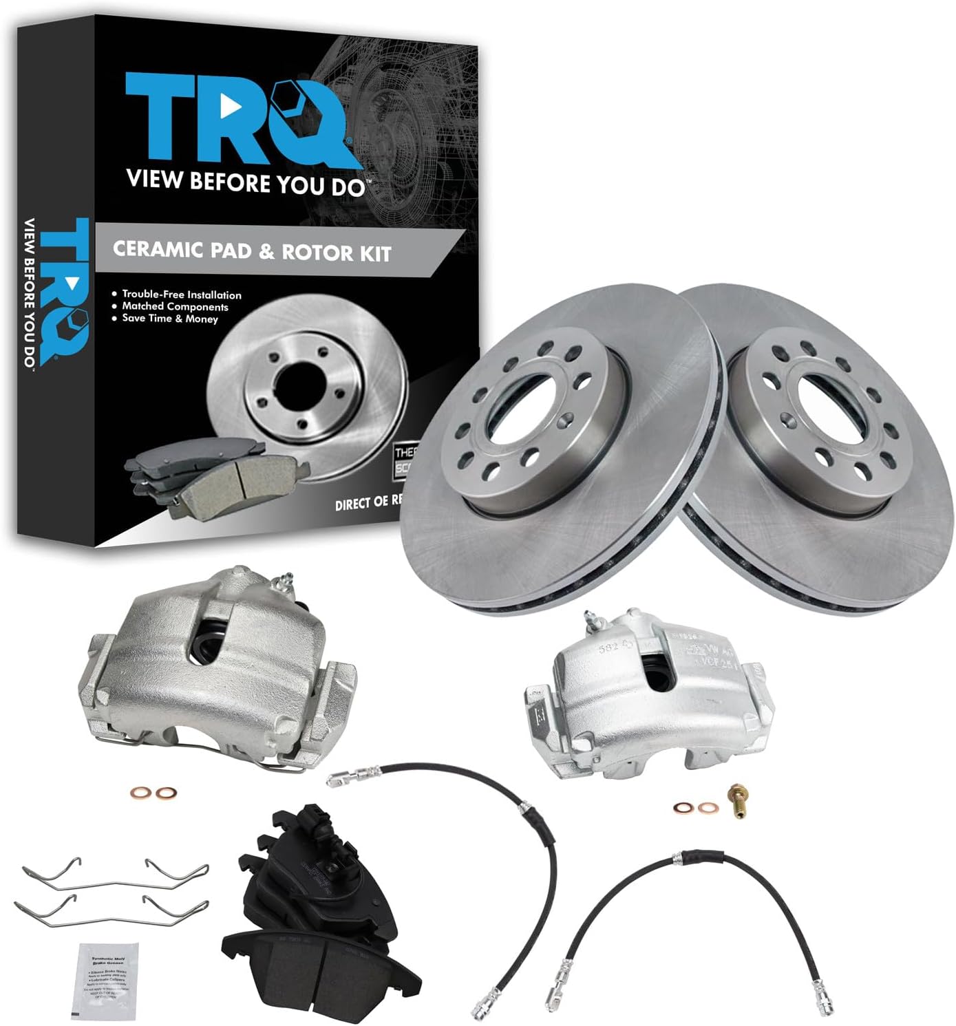 TRQ Front Brake Pad and Rotor Set Ceramic Vented Rotors Calipers Hoses Compatible with 2010 Audi A3 2012 Volkswagen Golf 2013 GTI 2009-2010 Jetta 2006-2009 Rabbit
