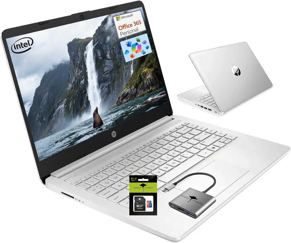 HP 14 Student-Laptop Back to School, Quad-Core Processor (Beat i3) 8GB RAM 192GB Storage(128GB UFS + 64GB SD Card) Laptops for Student with 1-Year Office 365 Copilot AI Win11, Natural Silver