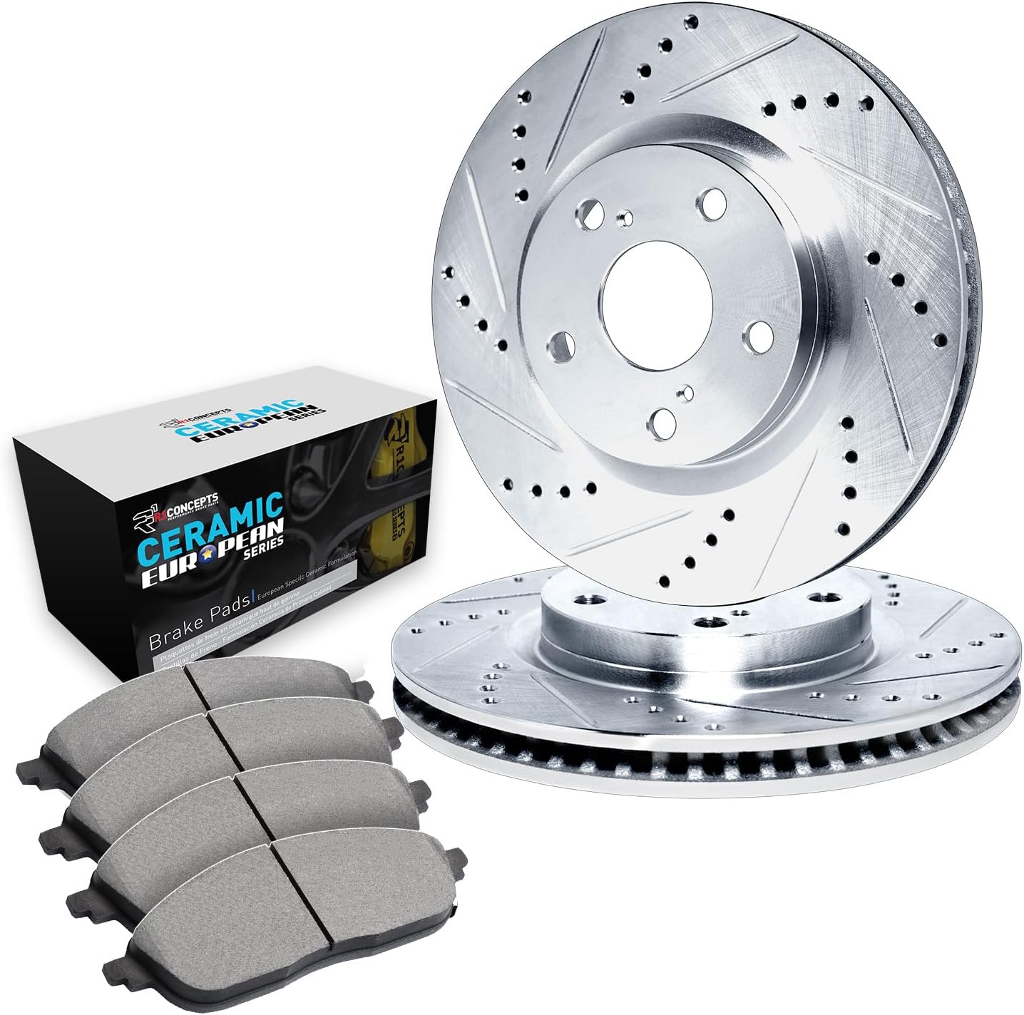 R1 Concepts Front Brake Kit Fits 2016-2018 Audi A6; 2012-2015 Audi A6; 2012-2018 Audi A7; 2013-2014 Audi A8| Euro Ceramic Brake Pads and Drilled Slotted Brake Rotors| 14.0' Front