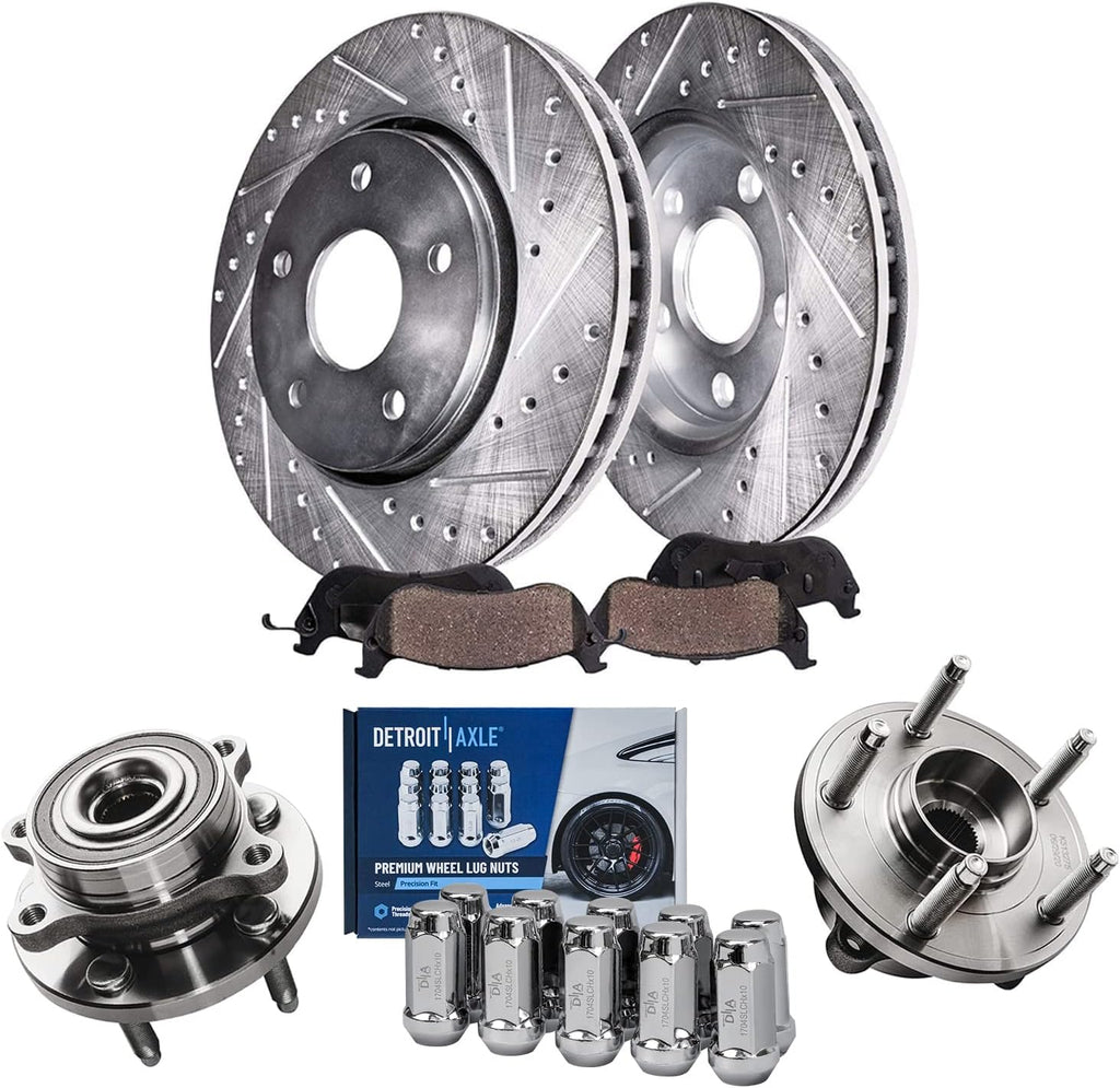 Detroit Axle - Front Drilled Rotors Brake Pads Wheel Hubs + 10pc Wheel Lug Nuts Replacement for Ford Flex Taurus Lincoln MKT MKS - 16pc Set