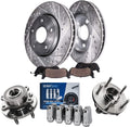 Detroit Axle - Front Drilled Rotors Brake Pads Wheel Hubs + 10pc Wheel Lug Nuts Replacement for Ford Flex Taurus Lincoln MKT MKS - 16pc Set