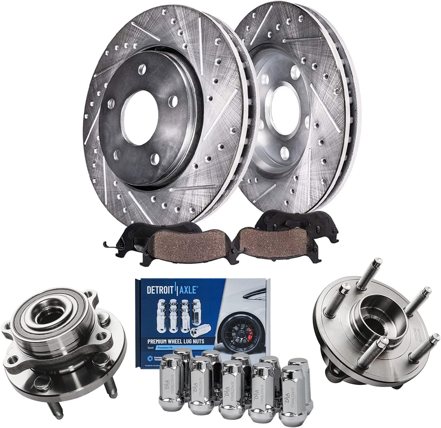 Detroit Axle - Front Drilled Rotors Brake Pads Wheel Hubs + 10pc Wheel Lug Nuts Replacement for Ford Flex Taurus Lincoln MKT MKS - 16pc Set