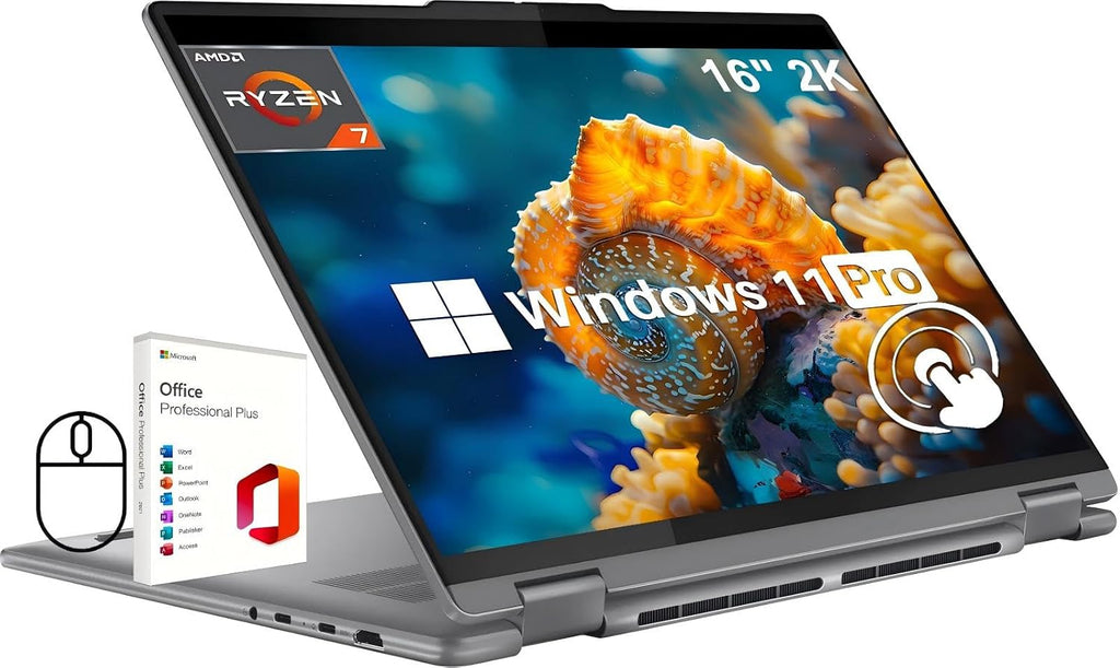 Lenovo Yoga 7 2-in-1 Laptop, 16' 2K Touchscreen, AMD Ryzen 7 8840HS, 16 GB DDR5, 1 TB SSD, Long Battery Life, FP Reader, Wi-Fi 6E, Backlit KB, Win 11 Pro, Office Pro Lifetime License & Designed Mouse