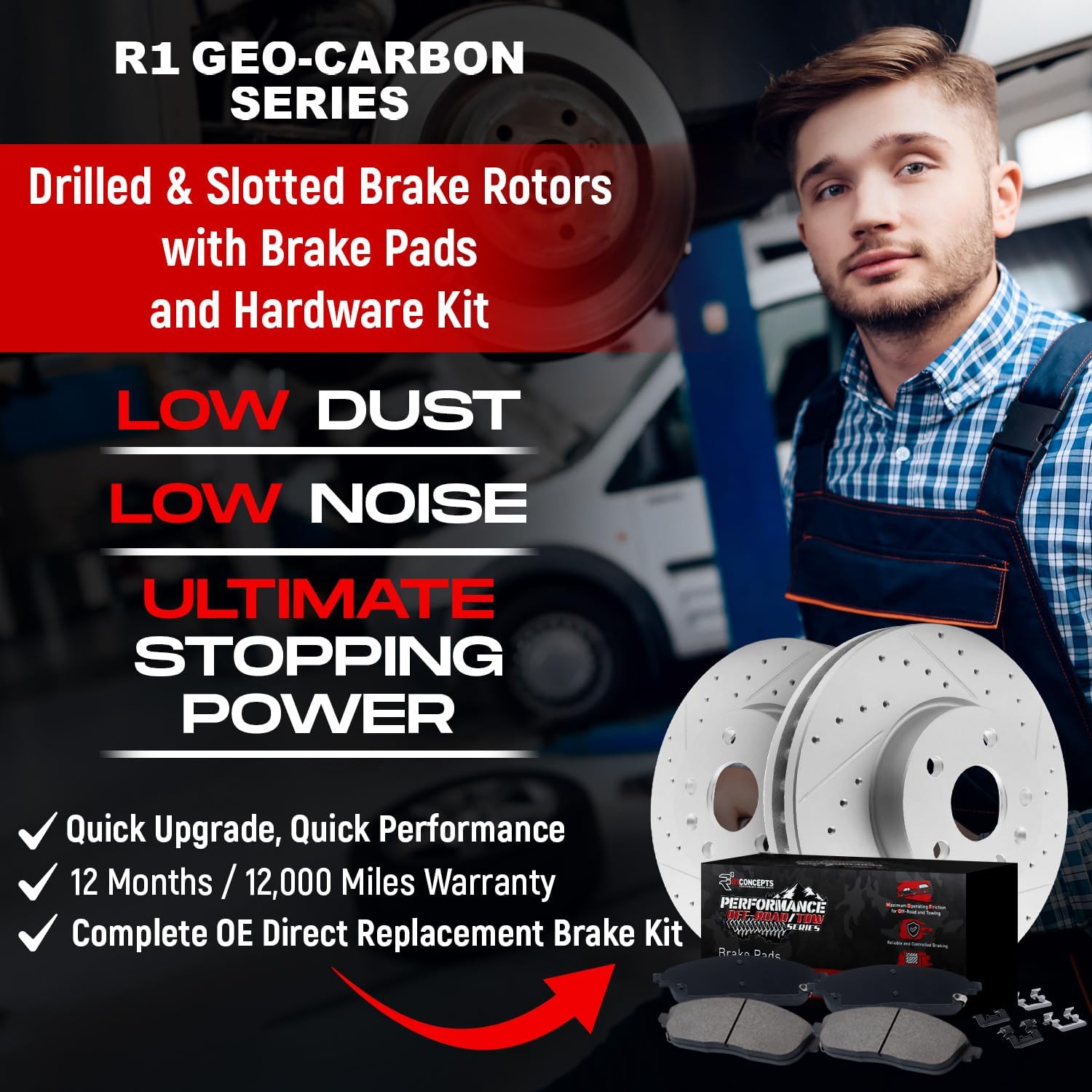R1 Concepts Front and Rear Brake Kit| Hardware| Off-Road/Tow Brake Pads and Drilled Slotted Brake Rotors| WBVH2-67004 | 13.8' Front & 12.6' Rear