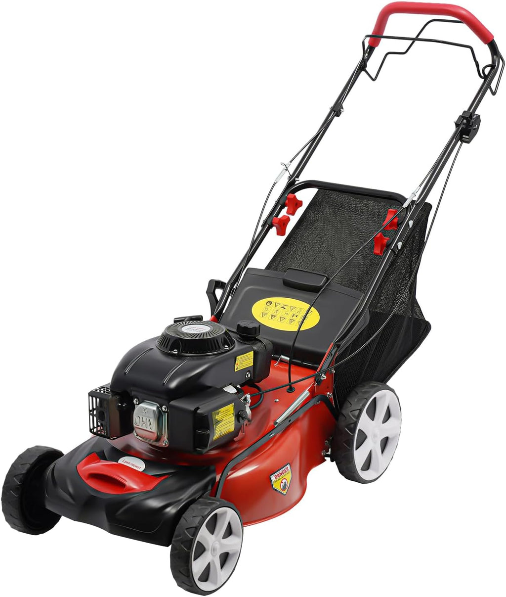 20-inch Self Propelled Gas Lawn Mower, 140cc 4-Stroke Gas Engine Lawn Mower with Large Grass Bag, Adjustable Cutting Heights Push Mowers for Sports Fields, Community Greening, Municipal Greening