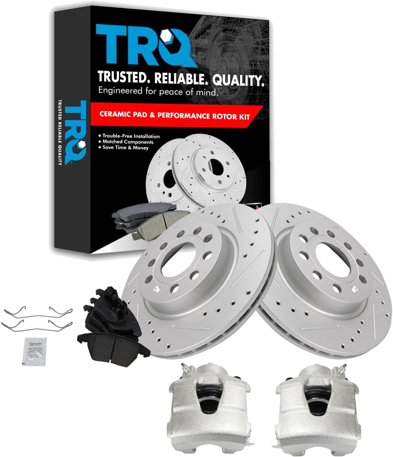 TRQ Performance Front Brake Pad and Rotor Set Ceramic Vented Coated Slotted Drilled Rotors Calipers Compatible with 2011 Audi A3 Quattro 2011-2013 Volkswagen Jetta