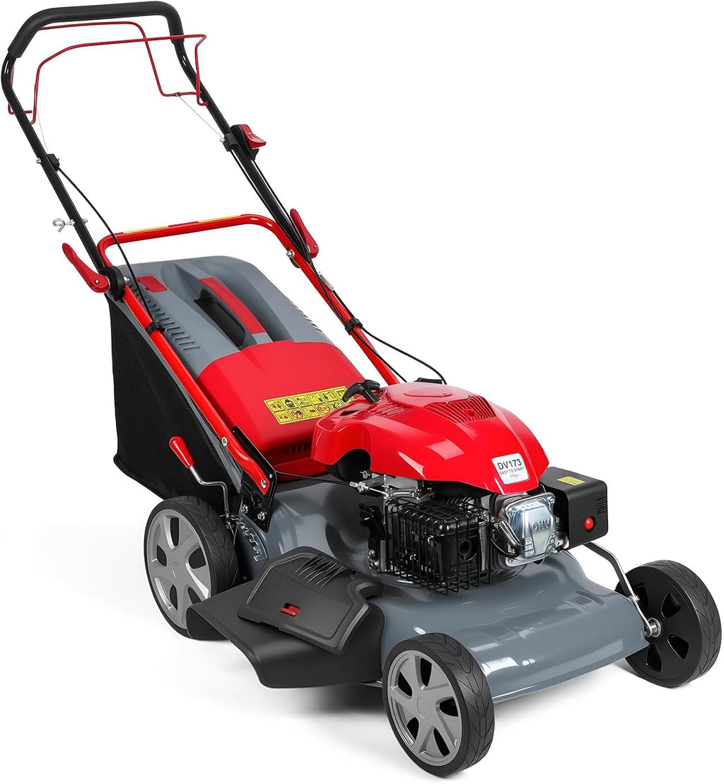 20Inch Self-Propelled Gas Lawn Mower, 173cc Walk-Behind Push Mower with 3-in-1 Bagging/Mulching/Side Discharge, Adjustable Height Design, Heavy Duty Gas Mowers with 60L Grass Bag ＆ Big Wheels